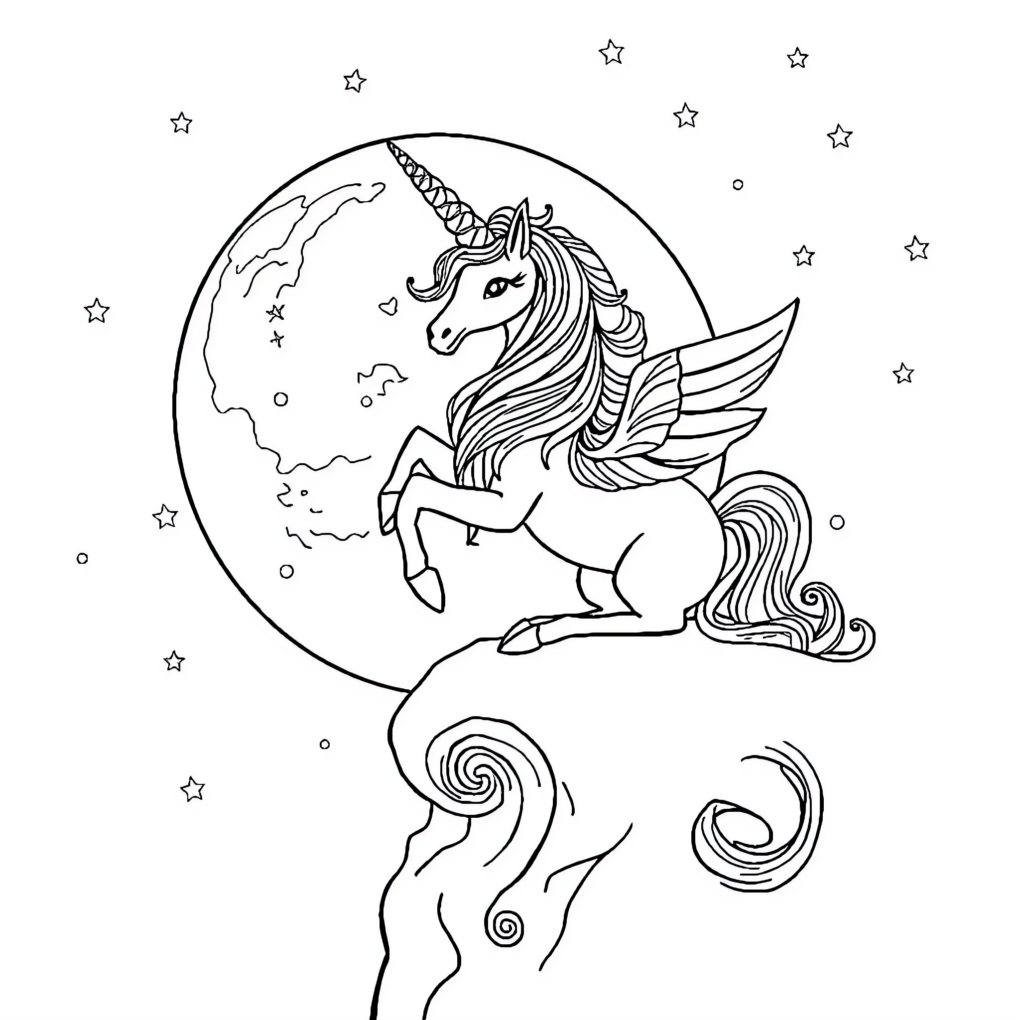 Unicorn soaring through a starry night sky Coloring Page (free black-and-white line drawing printable PDF for all, from beginners to advanced learners, including children, teens, adults, and seniors)