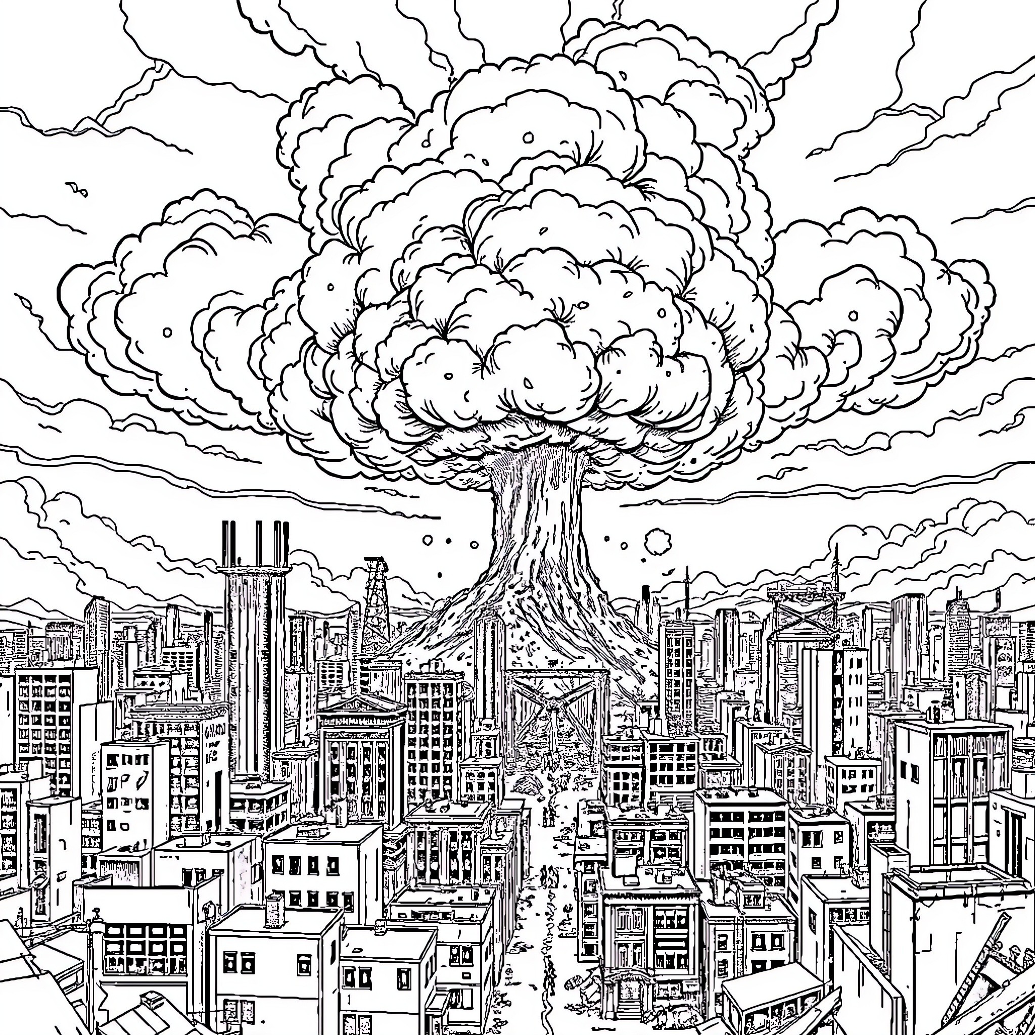 City under a massive explosion in the sky Coloring Page (free black-and-white line drawing printable PDF for all, from beginners to advanced learners, including children, teens, adults, and seniors)