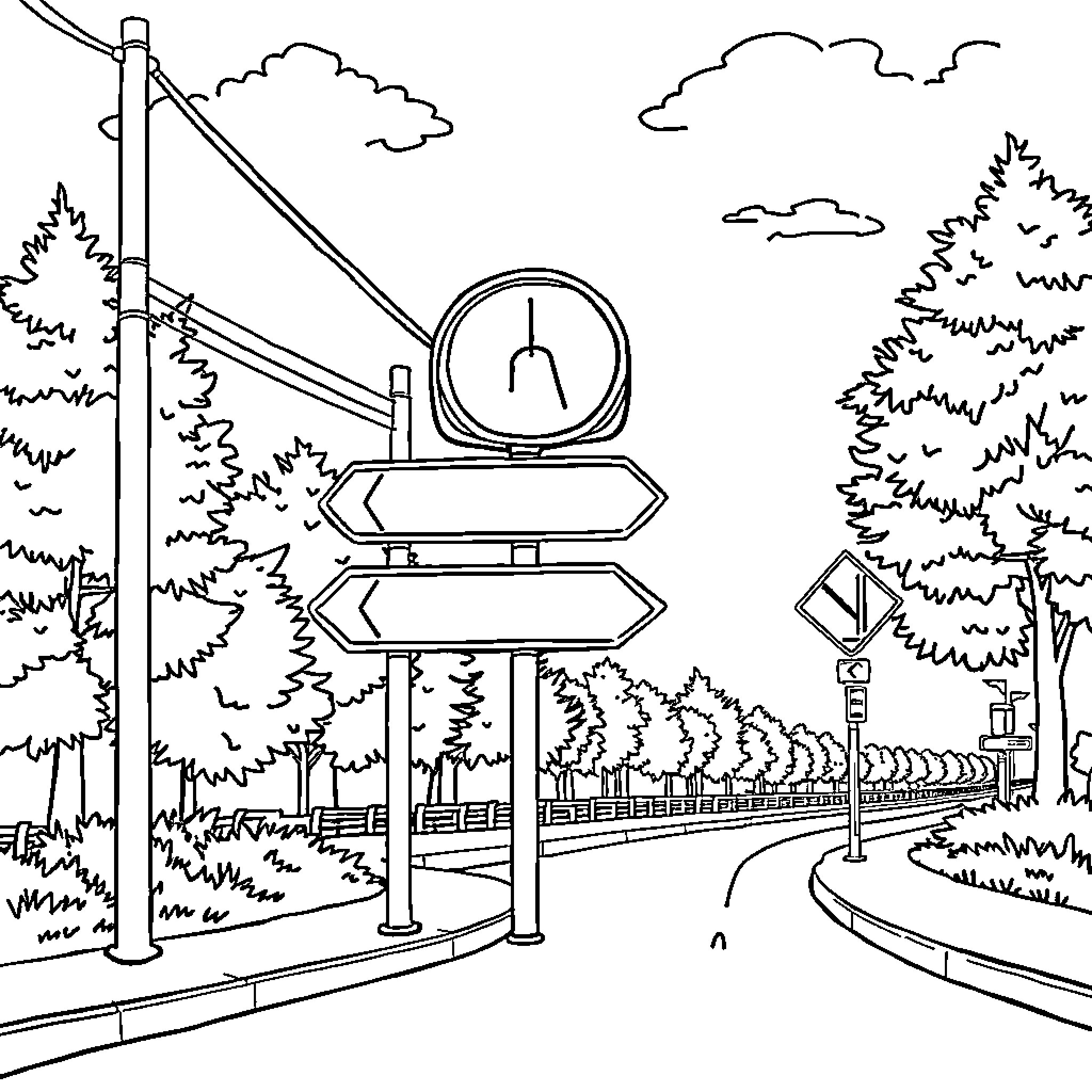 Sign for Direction and Navigation in a Scenic Outdoor Setting Coloring Page (free black-and-white line drawing printable PDF for all, from beginners to advanced learners, including children, teens, adults, and seniors)