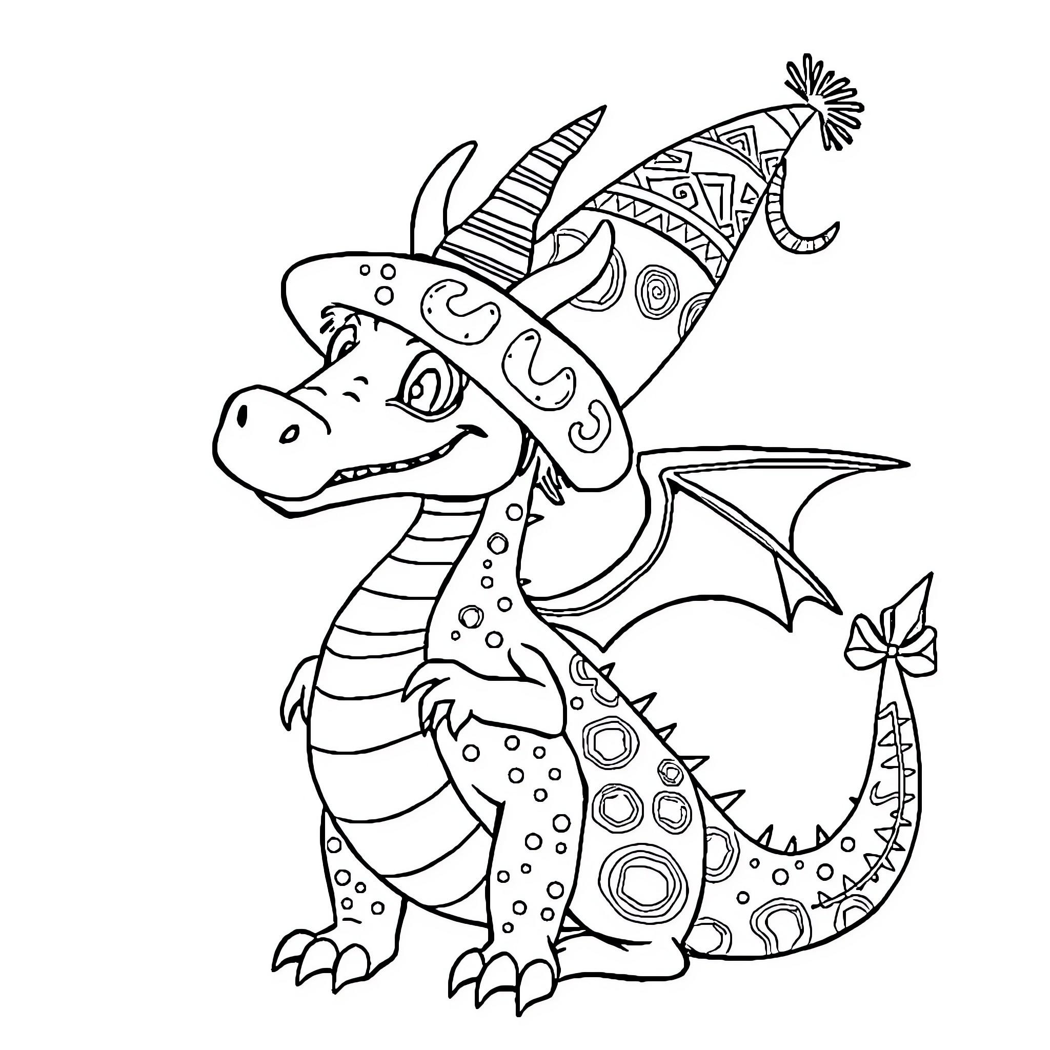 Dragon wearing a patterned hat and playing with flowers Coloring Page (free black-and-white line drawing printable PDF for all, from beginners to advanced learners, including children, teens, adults, and seniors)