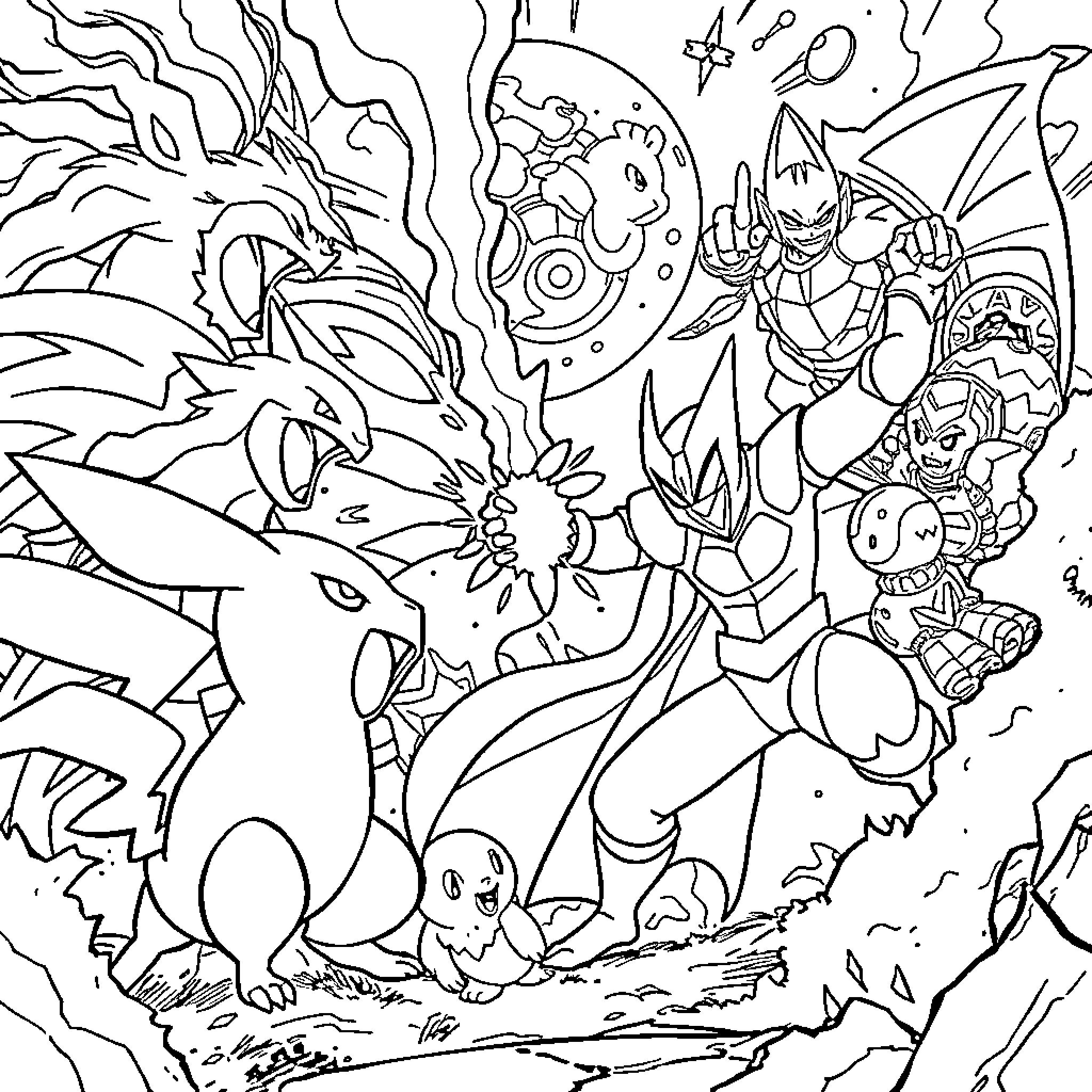 Pokémon Battle in a Fantastical Landscape Coloring Page (free black-and-white line drawing printable PDF for all, from beginners to advanced learners, including children, teens, adults, and seniors)