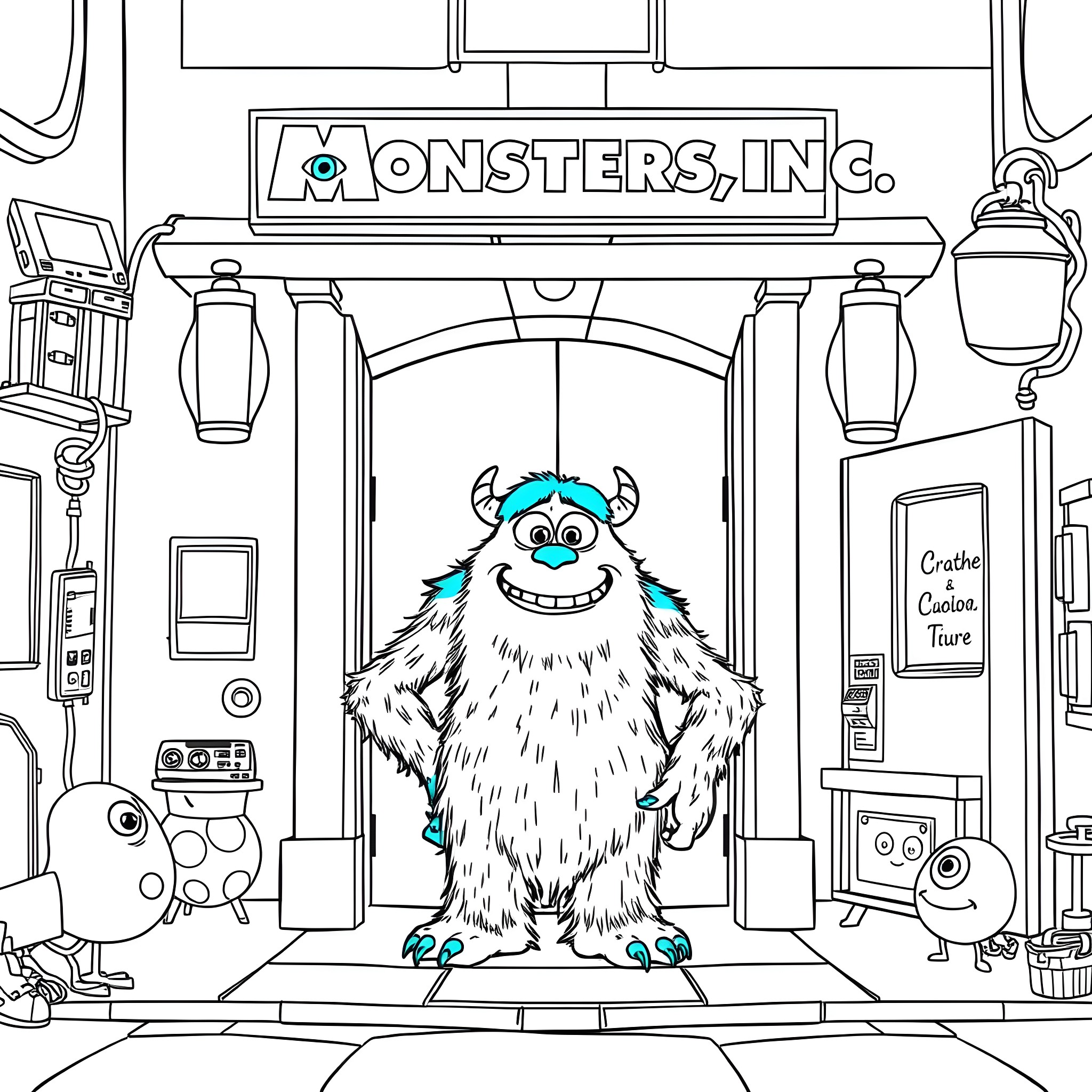 Sulley standing tall in the Monsters, Inc. lobby Coloring Page (free black-and-white line drawing printable PDF for all, from beginners to advanced learners, including children, teens, adults, and seniors)