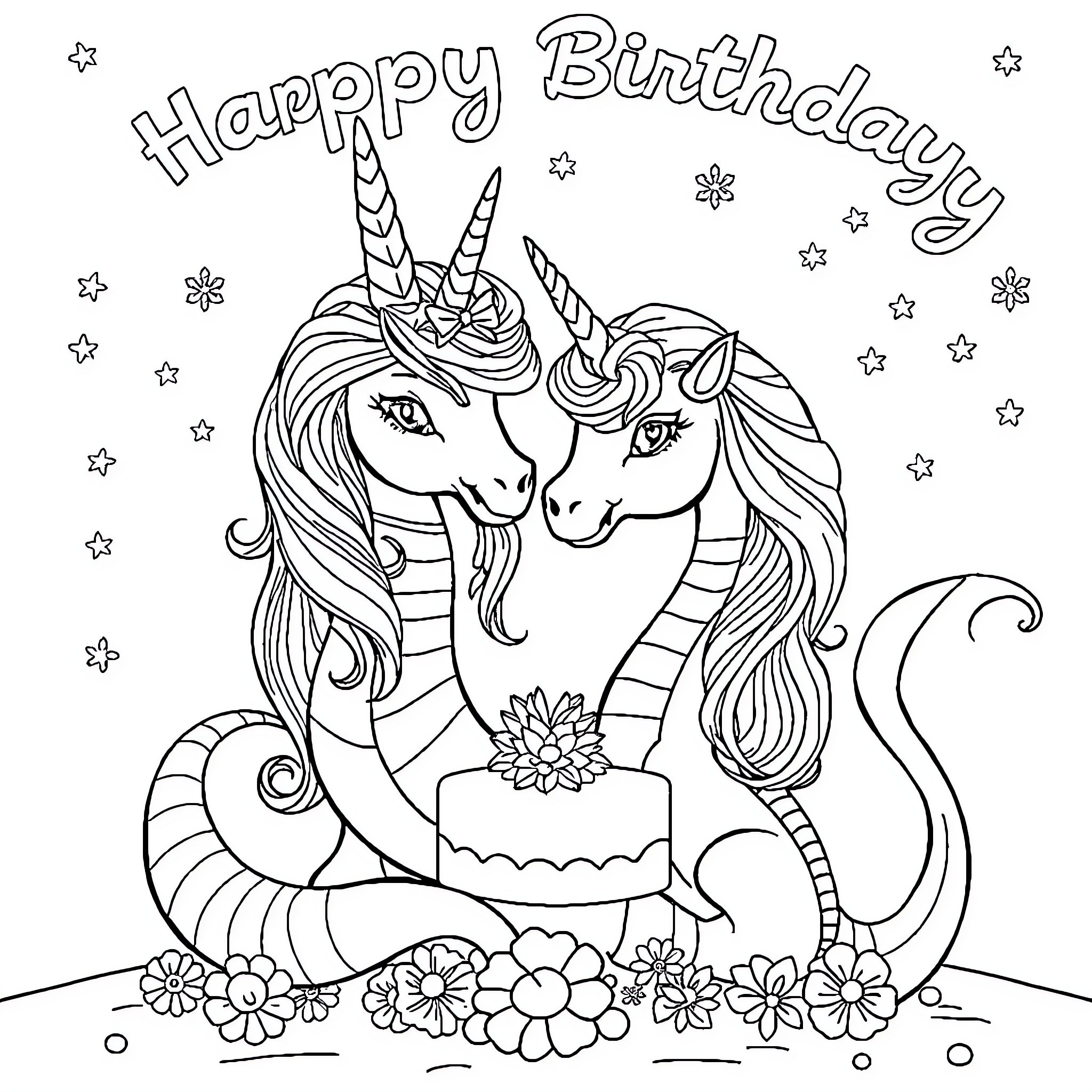 Unicorns celebrating a birthday with cake and flowers Coloring Page (free black-and-white line drawing printable PDF for all, from beginners to advanced learners, including children, teens, adults, and seniors)