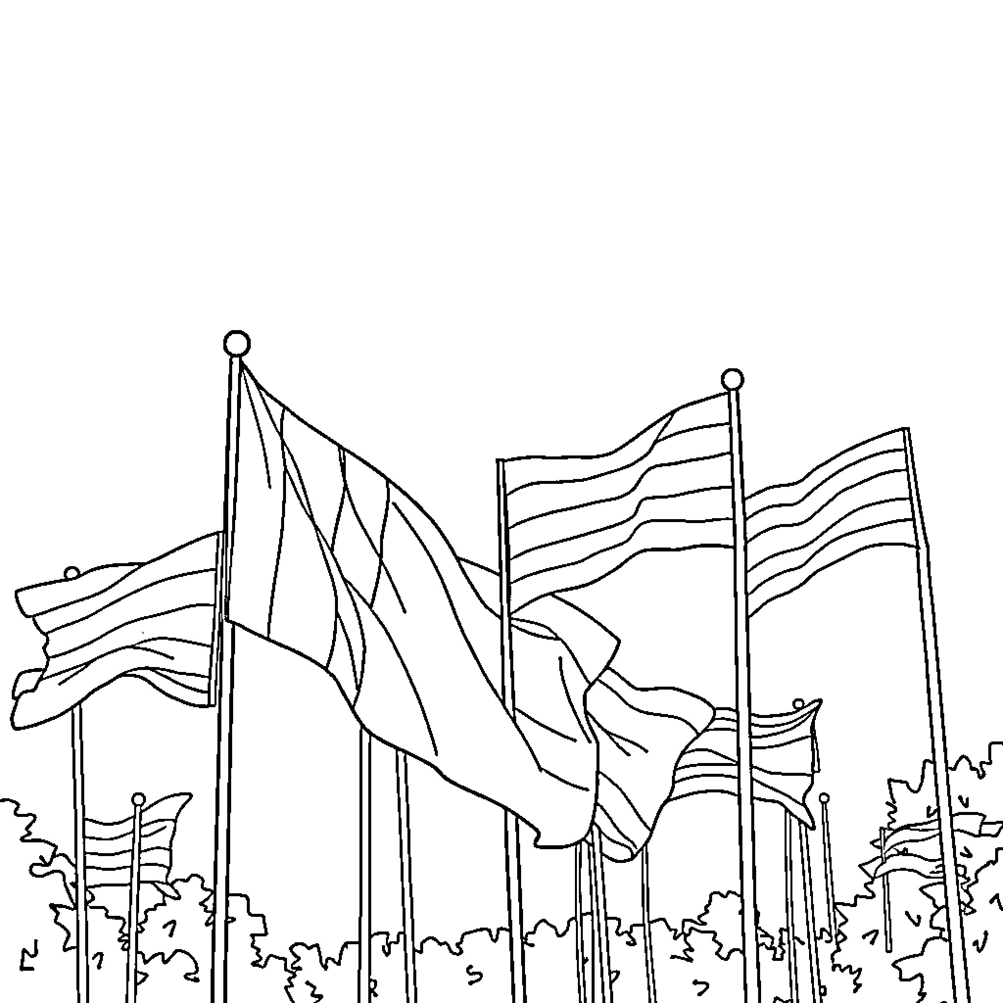LGBTQ+ Flag Celebration with Waving Banners Coloring Page (free black-and-white line drawing printable PDF for all, from beginners to advanced learners, including children, teens, adults, and seniors)