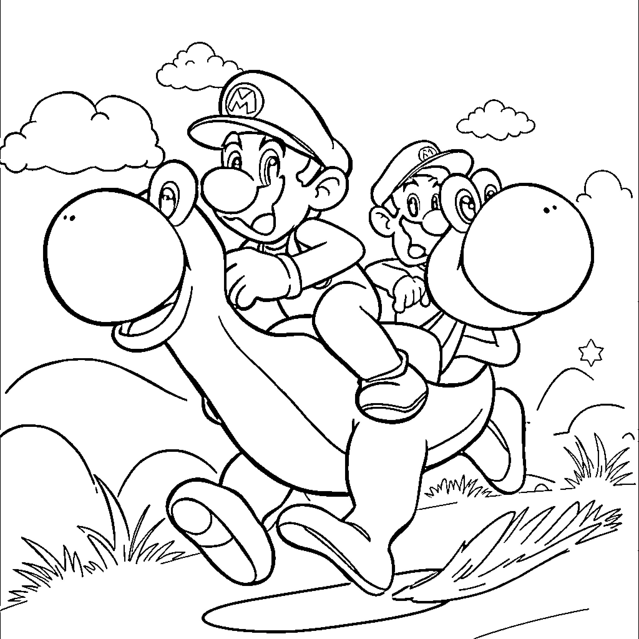 Mario and Luigi in an outdoor adventure Coloring Page (free black-and-white line drawing printable PDF for all, from beginners to advanced learners, including children, teens, adults, and seniors)