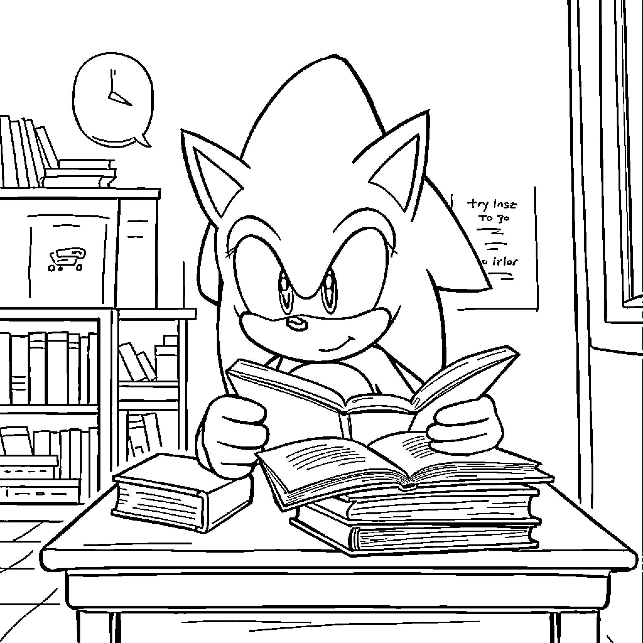 Sonic intently reading books in a cozy study Coloring Page (free black-and-white line drawing printable PDF for all, from beginners to advanced learners, including children, teens, adults, and seniors)