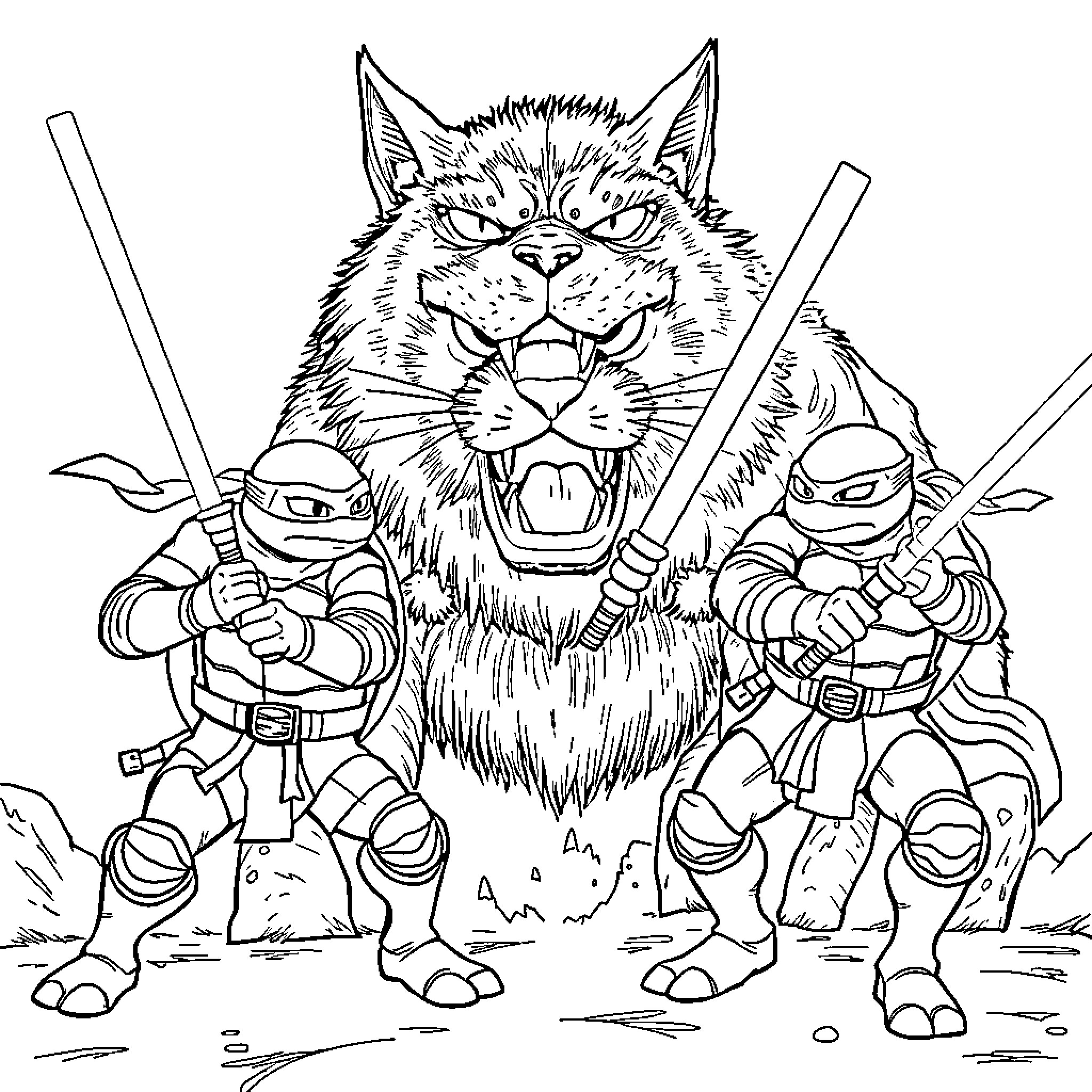 Teenage Mutant Ninja Turtle Wielding Weapons with Aggressive Cat Coloring Page (free black-and-white line drawing printable PDF for all, from beginners to advanced learners, including children, teens, adults, and seniors)