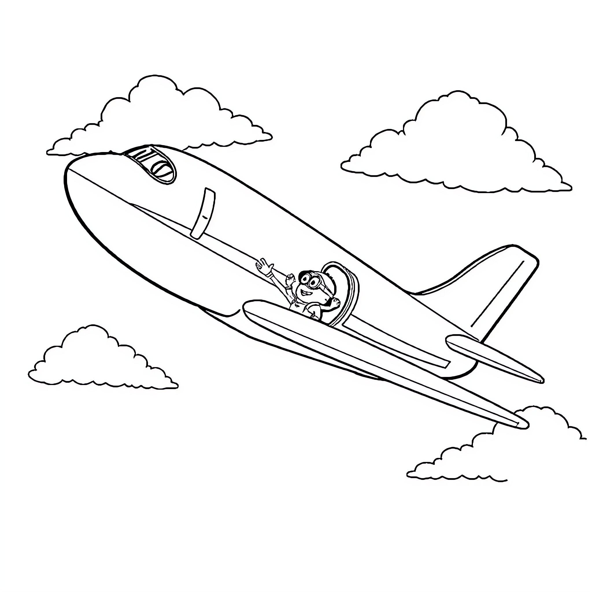 Plane soaring through the clouds Coloring Page (free black-and-white line drawing printable PDF for all, from beginners to advanced learners, including children, teens, adults, and seniors)