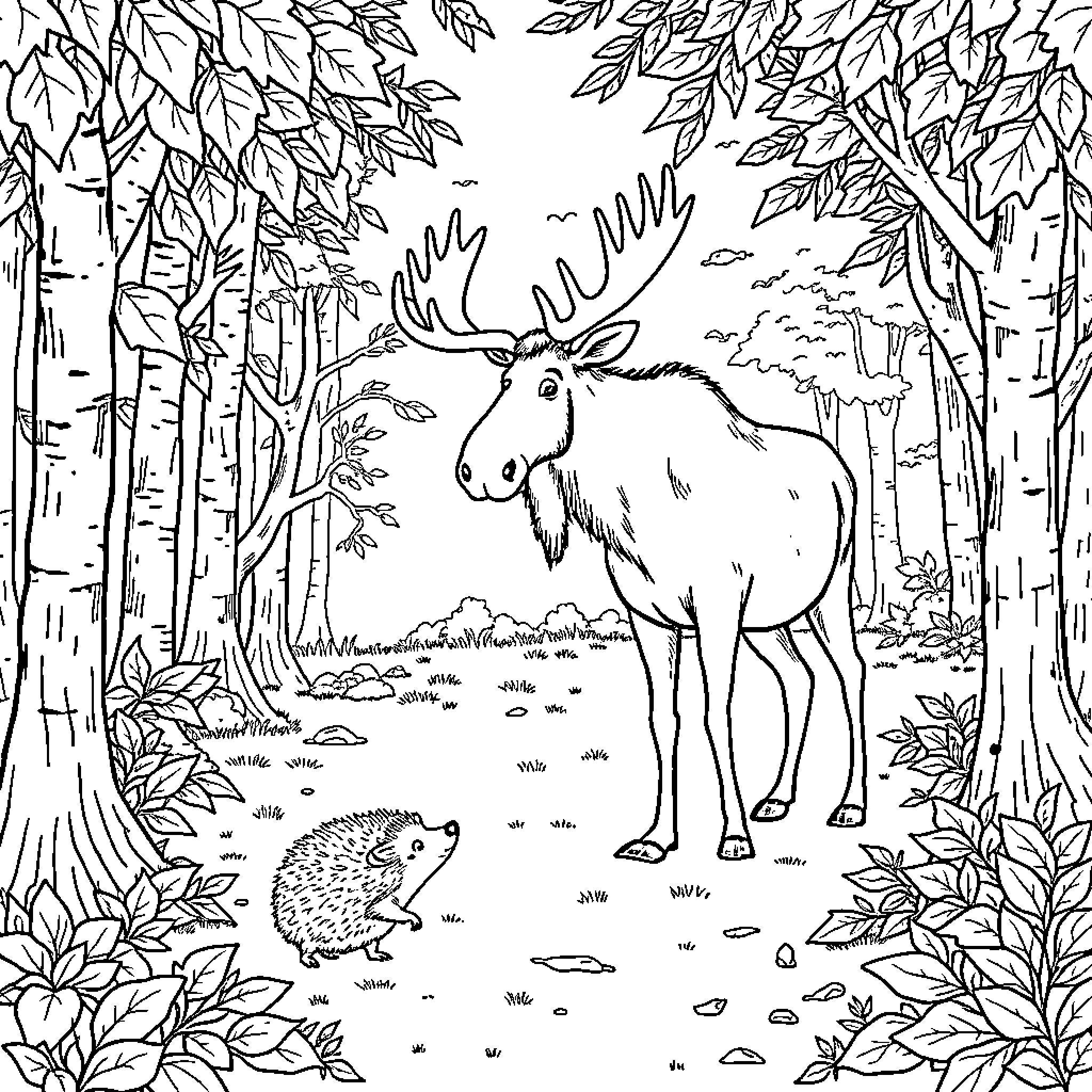 Hedgehog and Moose in the Enchanted Forest Coloring Page (free black-and-white line drawing printable PDF for all, from beginners to advanced learners, including children, teens, adults, and seniors)