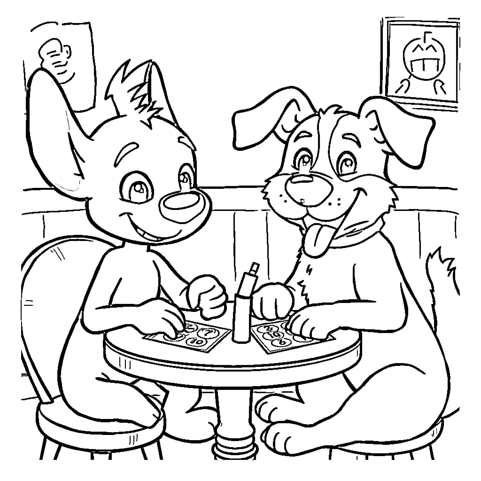 Bingo: Cartoon Dogs Enjoying a Meal Together Coloring Page (free black-and-white line drawing printable PDF for all, from beginners to advanced learners, including children, teens, adults, and seniors)