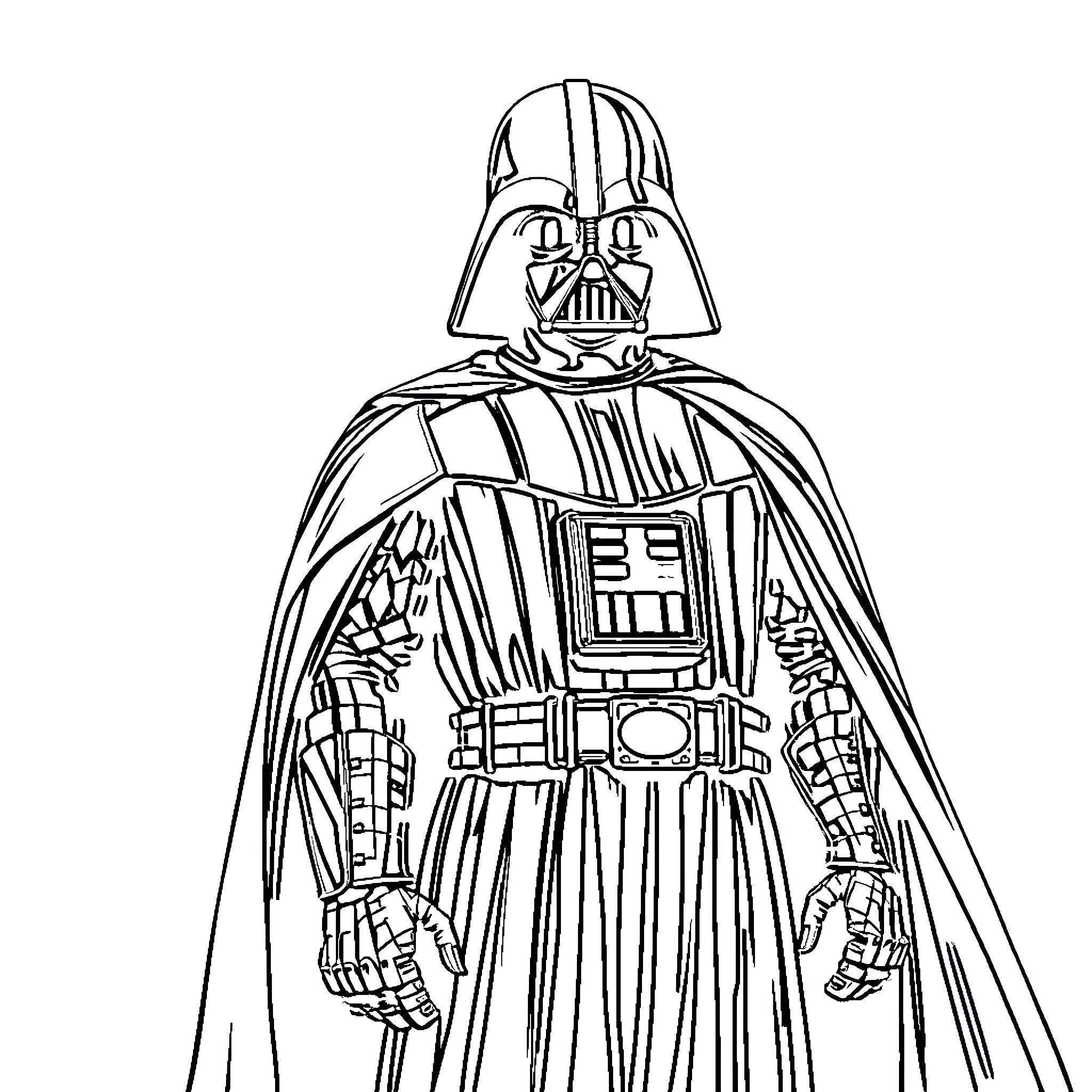 Darth Vader standing tall and imposing Coloring Page (free black-and-white line drawing printable PDF for all, from beginners to advanced learners, including children, teens, adults, and seniors)