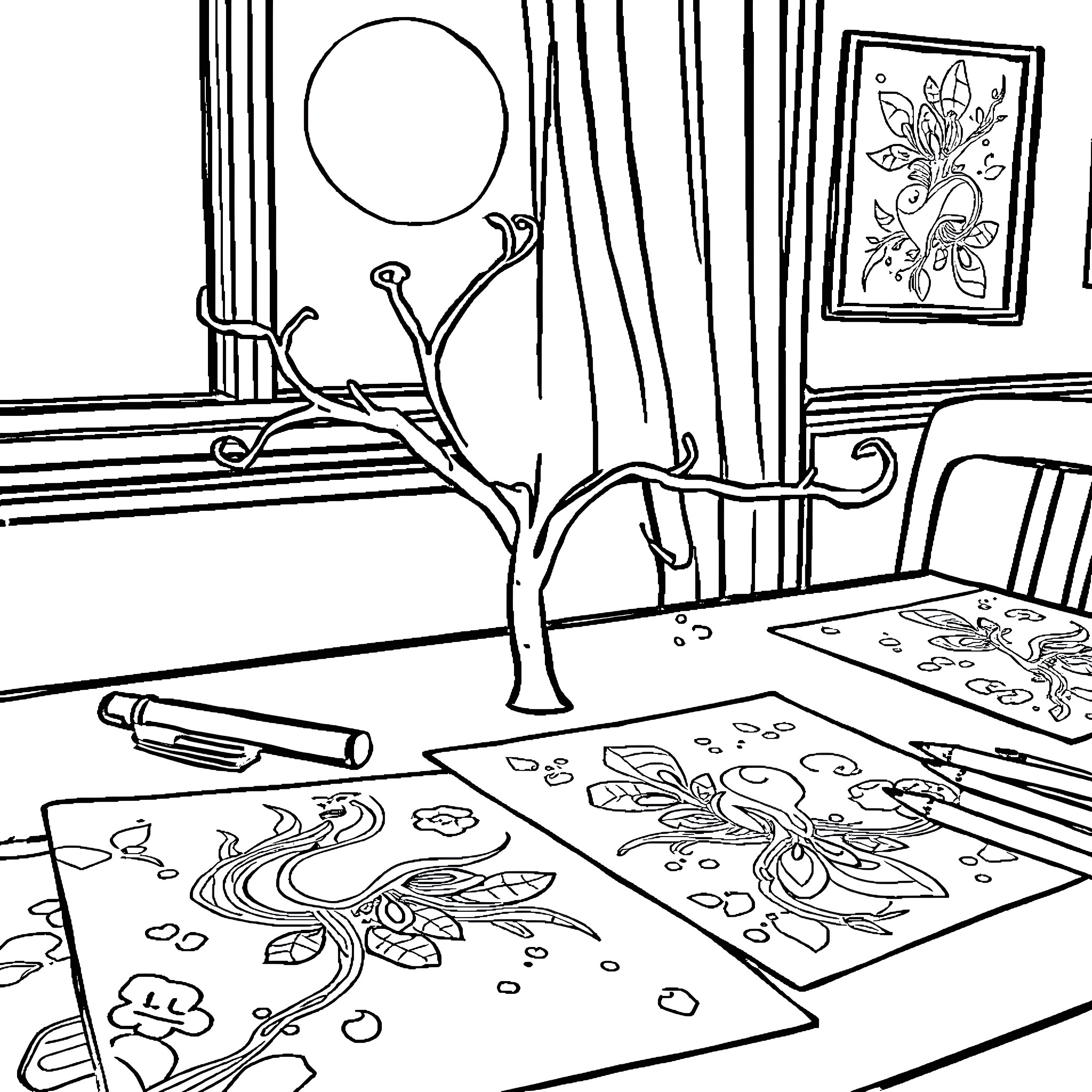 Sprunki's artistic studio with creative supplies Coloring Page (free black-and-white line drawing printable PDF for all, from beginners to advanced learners, including children, teens, adults, and seniors)