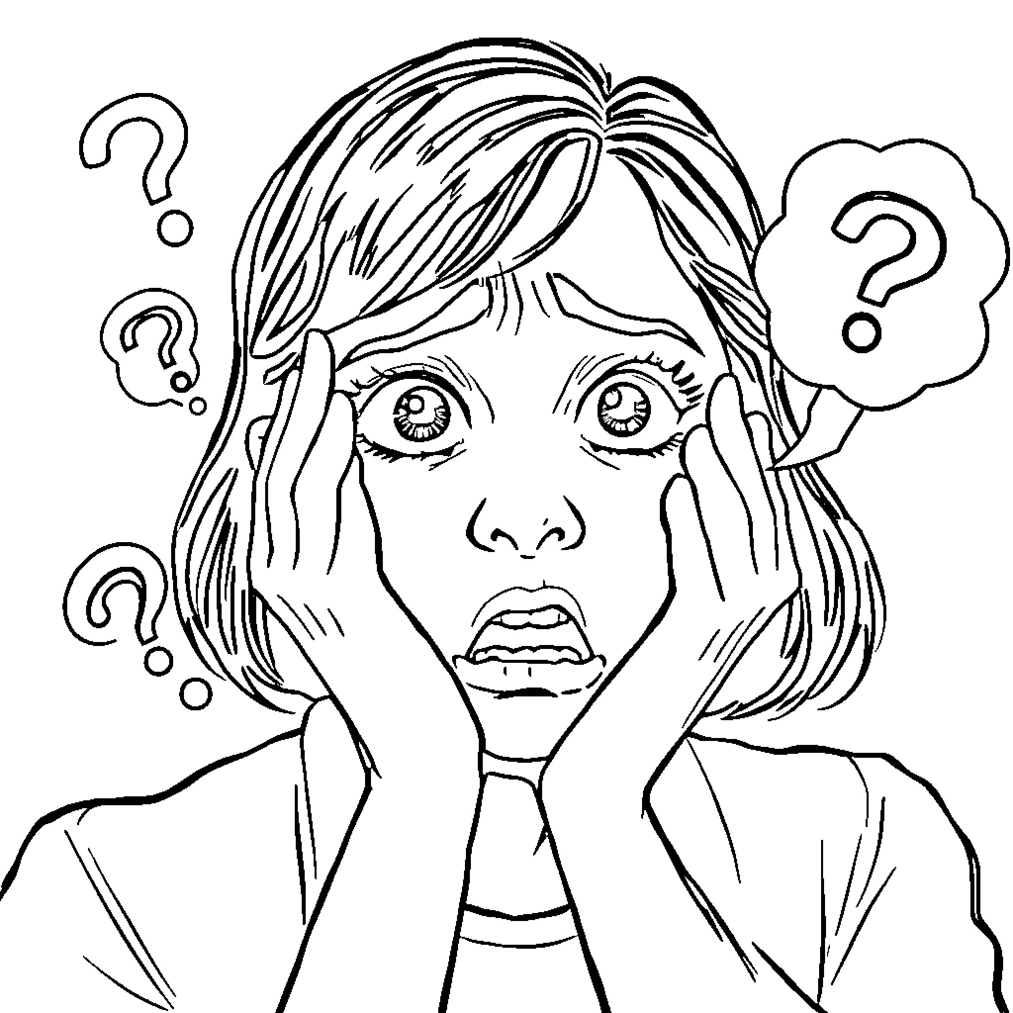 Girl expressing confusion and uncertainty Coloring Page (free black-and-white line drawing printable PDF for all, from beginners to advanced learners, including children, teens, adults, and seniors)