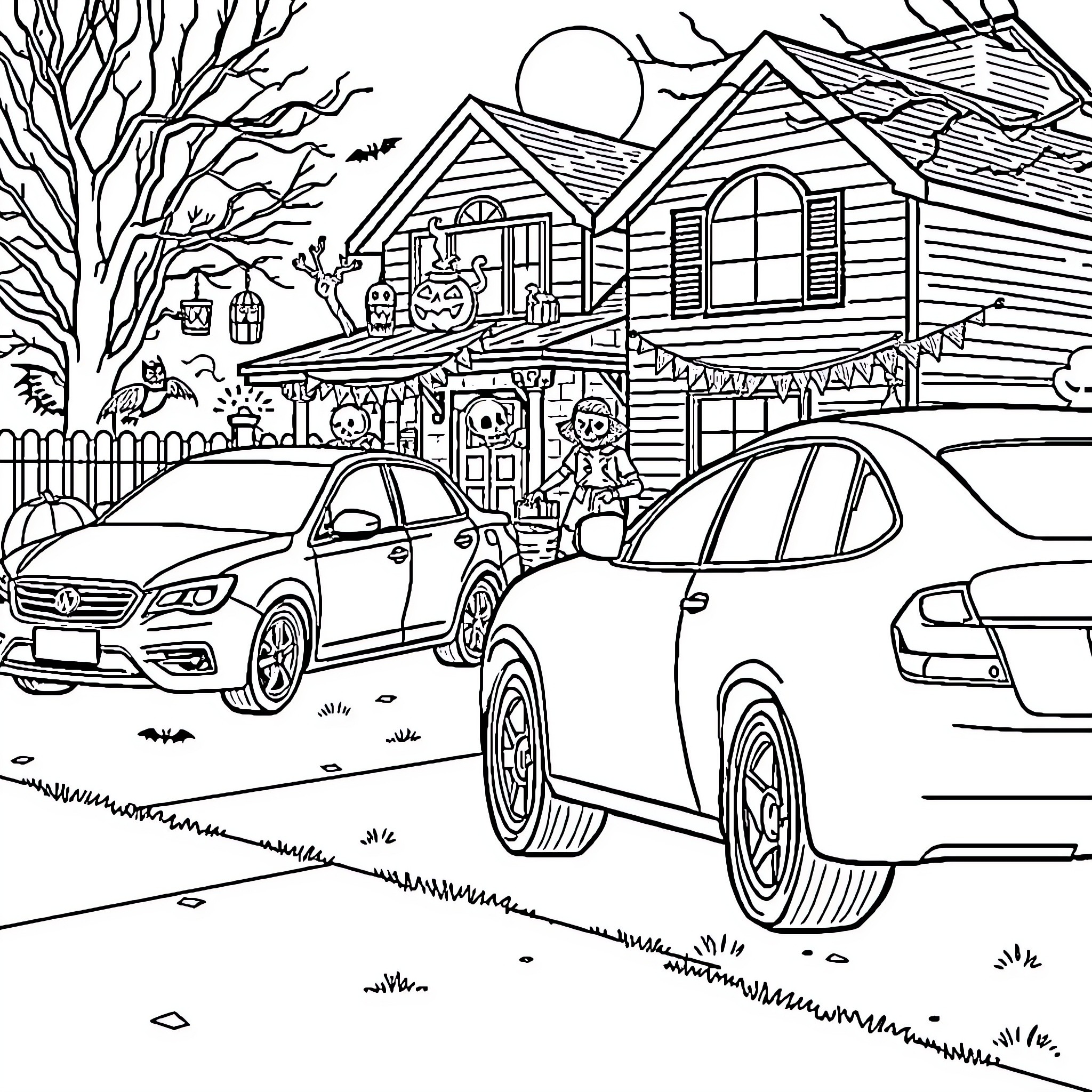 Car in Haunted House Neighborhood Scene Coloring Page (free black-and-white line drawing printable PDF for all, from beginners to advanced learners, including children, teens, adults, and seniors)