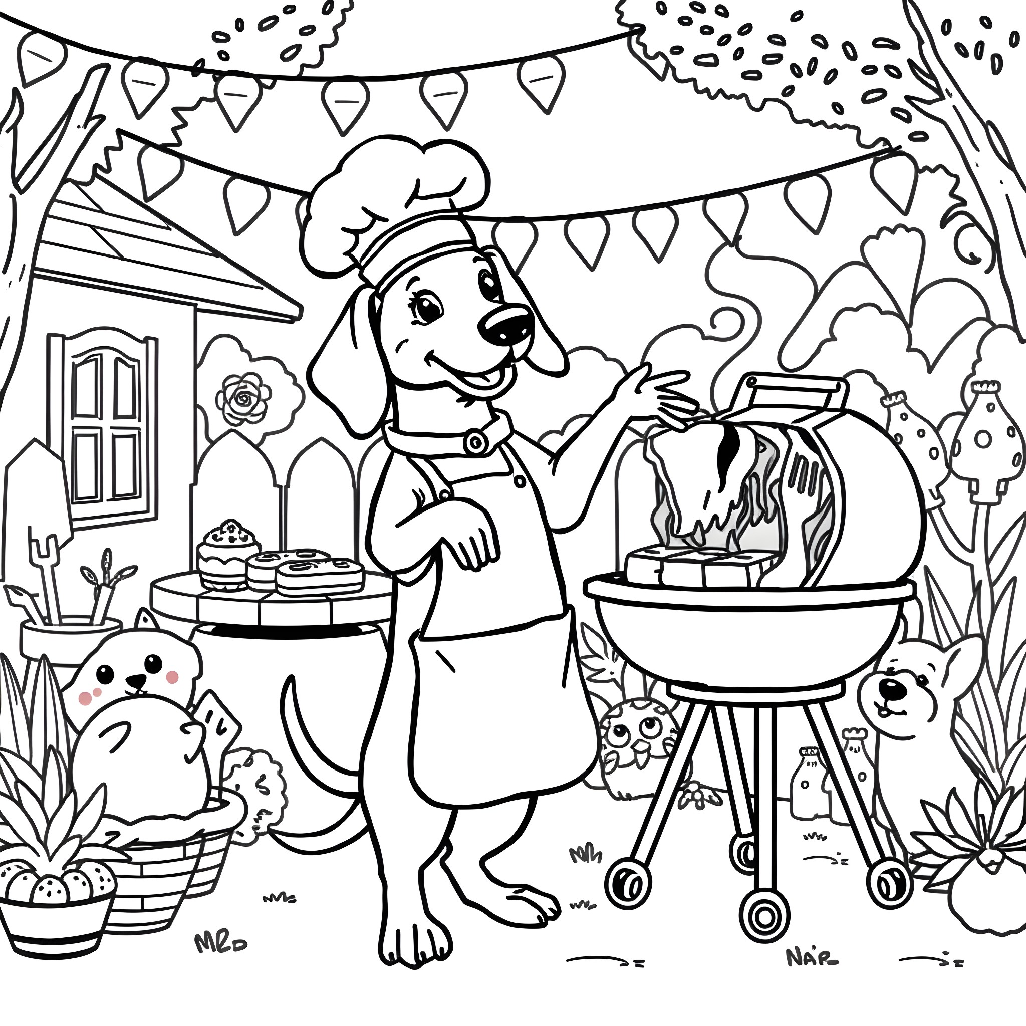 Sausage Dog Cooking Delicious Treats on the Grill Coloring Page (free black-and-white line drawing printable PDF for all, from beginners to advanced learners, including children, teens, adults, and seniors)