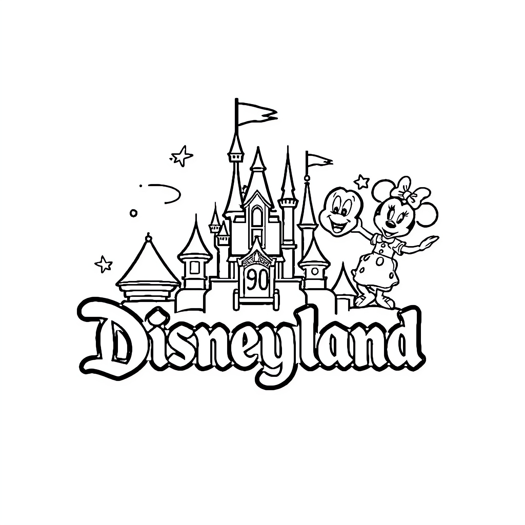 Tokyo Disneyland with Disney characters and castle Coloring Page (free black-and-white line drawing printable PDF for all, from beginners to advanced learners, including children, teens, adults, and seniors)