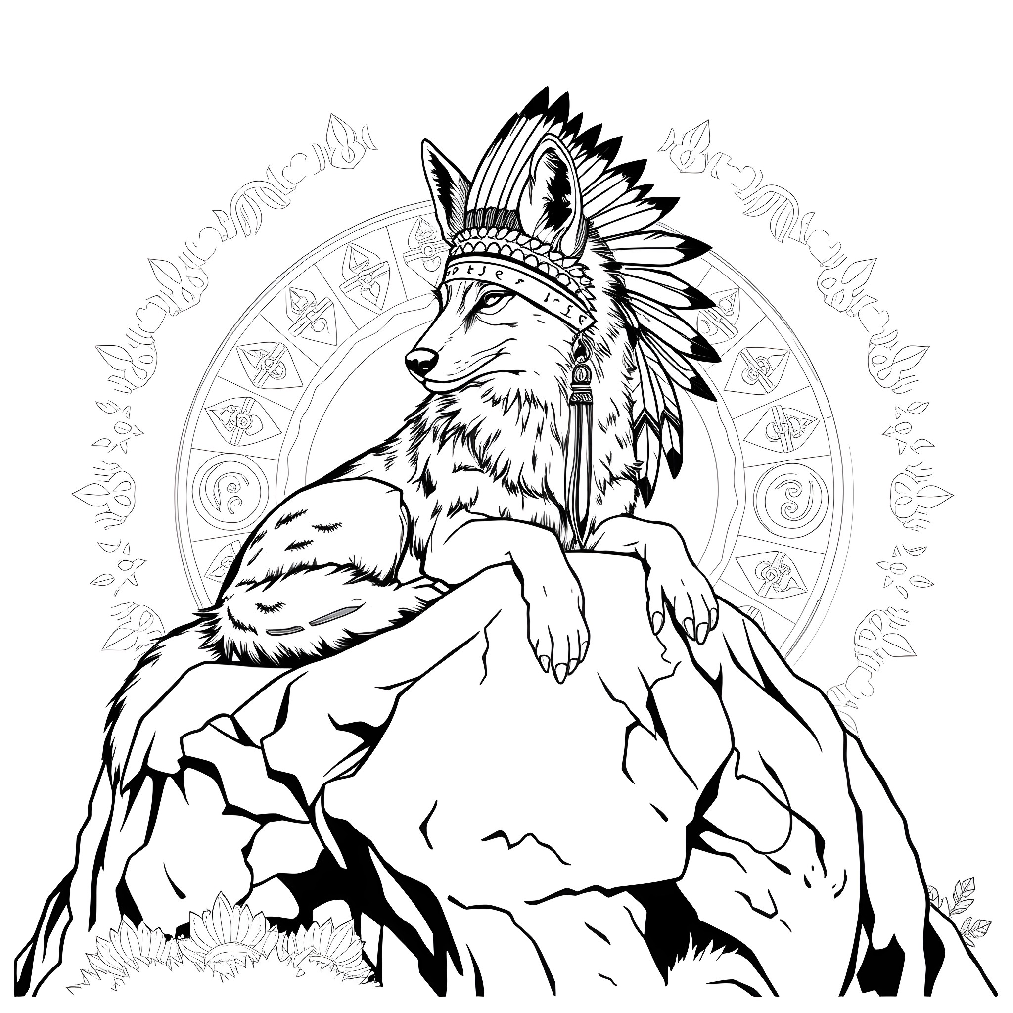 Coyote in Native American Headdress on Rocky Mountain Coloring Page (free black-and-white line drawing printable PDF for all, from beginners to advanced learners, including children, teens, adults, and seniors)