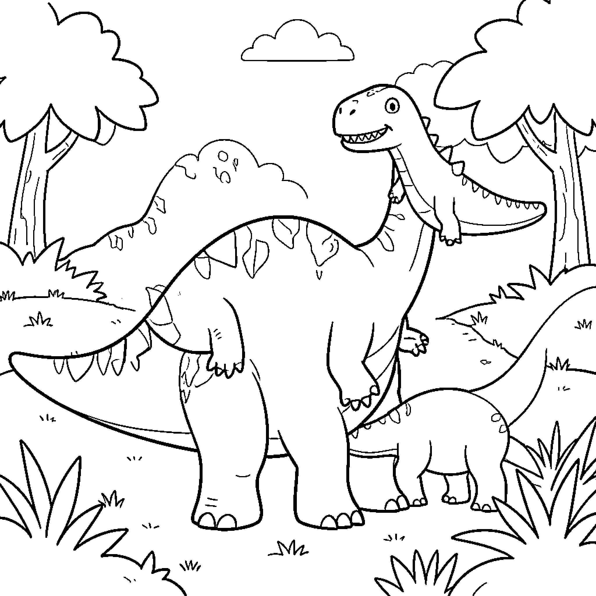 Dinosaur family walking together through a prehistoric forest Coloring Page (free black-and-white line drawing printable PDF for all, from beginners to advanced learners, including children, teens, adults, and seniors)