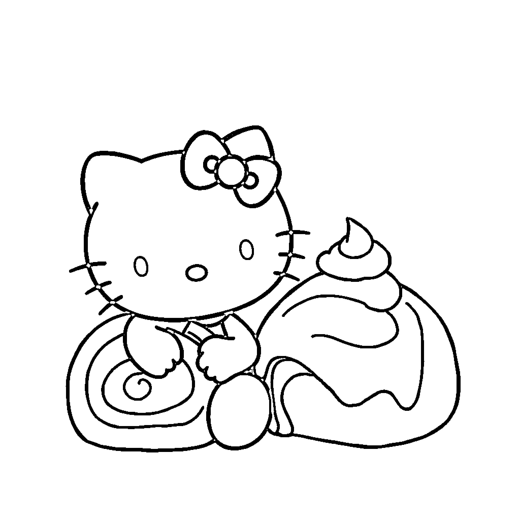 Hello Kitty relaxing with a sweet treat Coloring Page (free black-and-white line drawing printable PDF for all, from beginners to advanced learners, including children, teens, adults, and seniors)