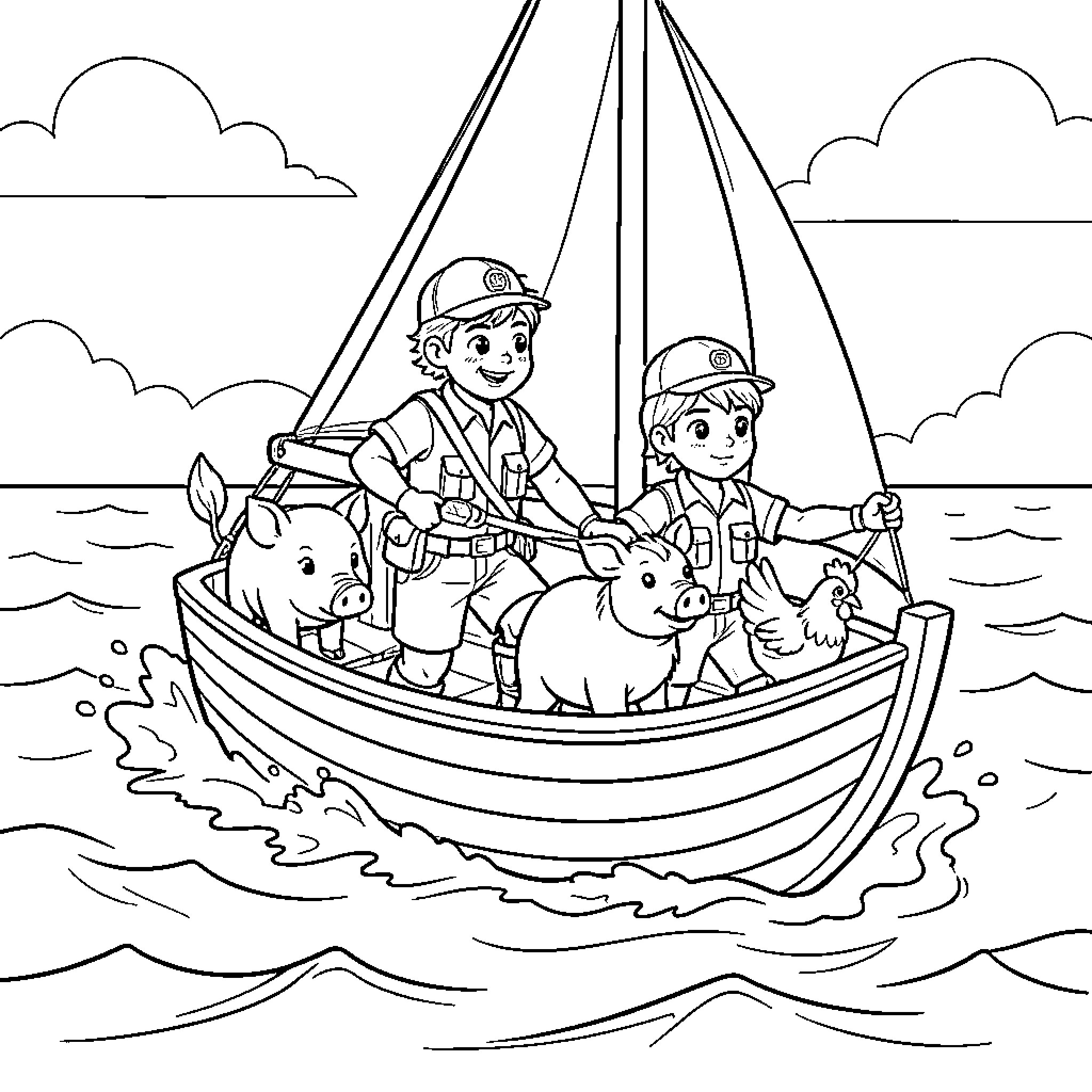 Vaïna sailing a small boat with farm animals Coloring Page (free black-and-white line drawing printable PDF for all, from beginners to advanced learners, including children, teens, adults, and seniors)