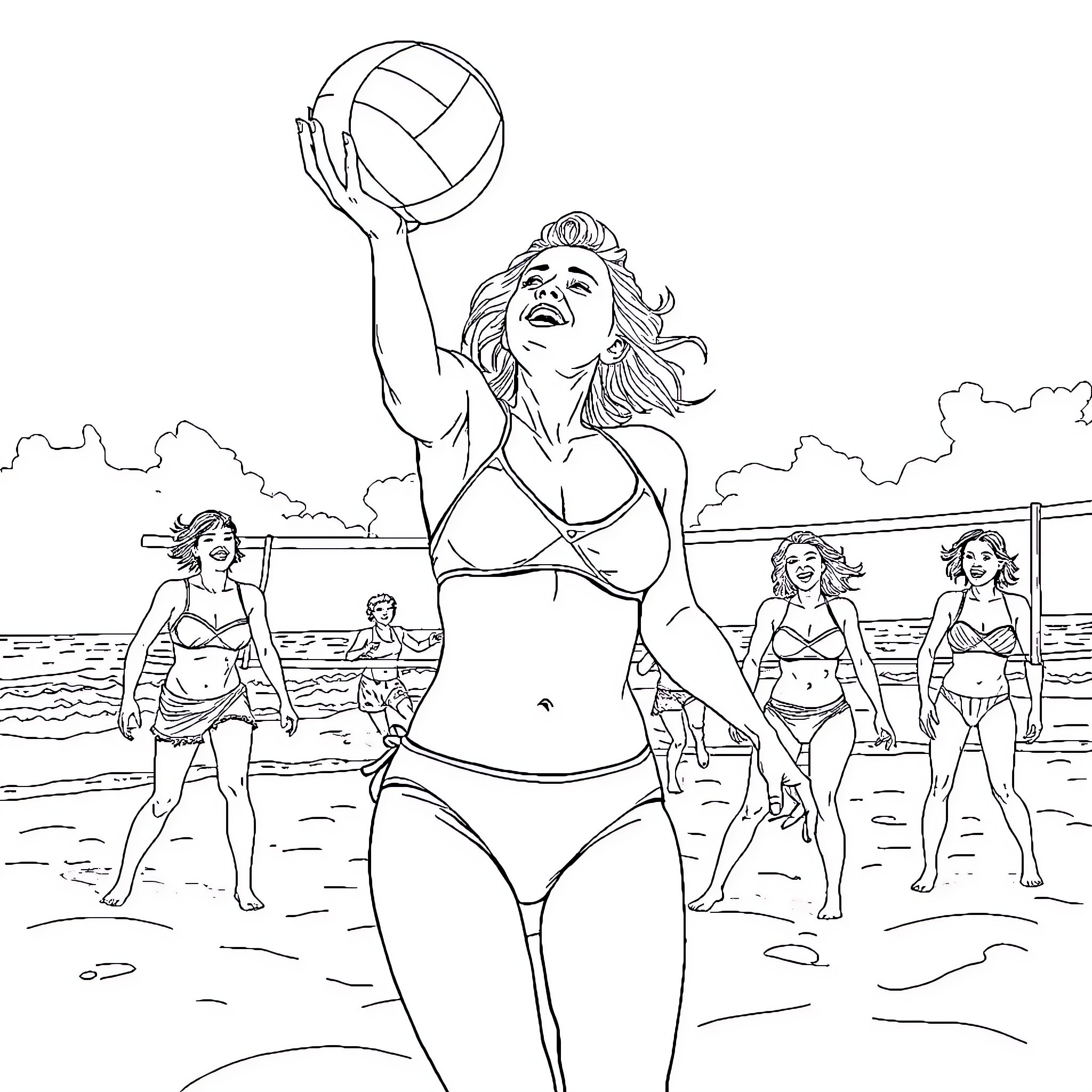 Scarlett Johansson enjoying a friendly beach volleyball game Coloring Page (free black-and-white line drawing printable PDF for all, from beginners to advanced learners, including children, teens, adults, and seniors)