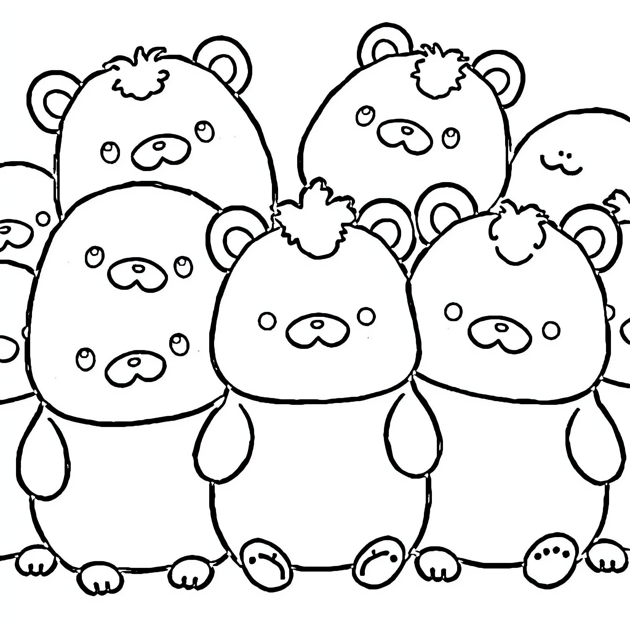 Squishmallow group of cute plush bears Coloring Page (free black-and-white line drawing printable PDF for all, from beginners to advanced learners, including children, teens, adults, and seniors)