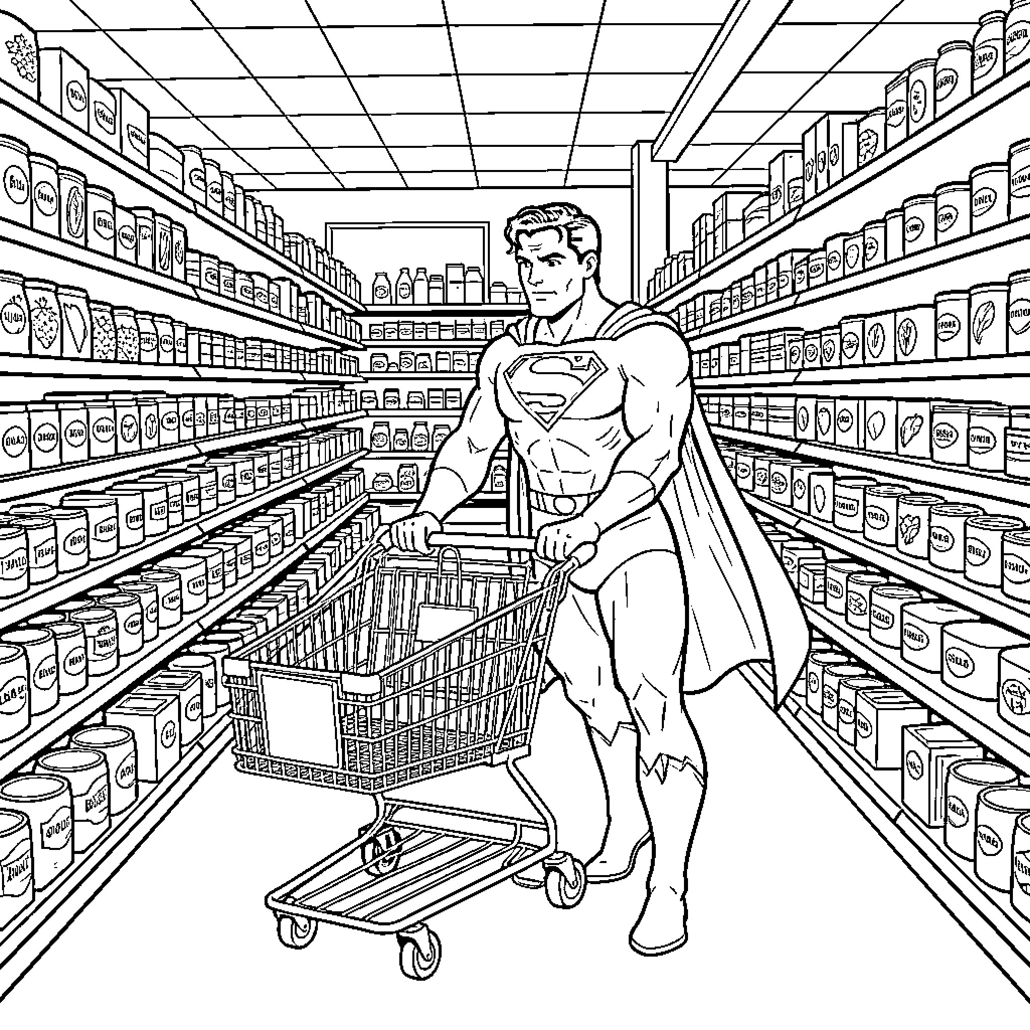 Superman pushing a shopping cart through grocery aisles Coloring Page (free black-and-white line drawing printable PDF for all, from beginners to advanced learners, including children, teens, adults, and seniors)
