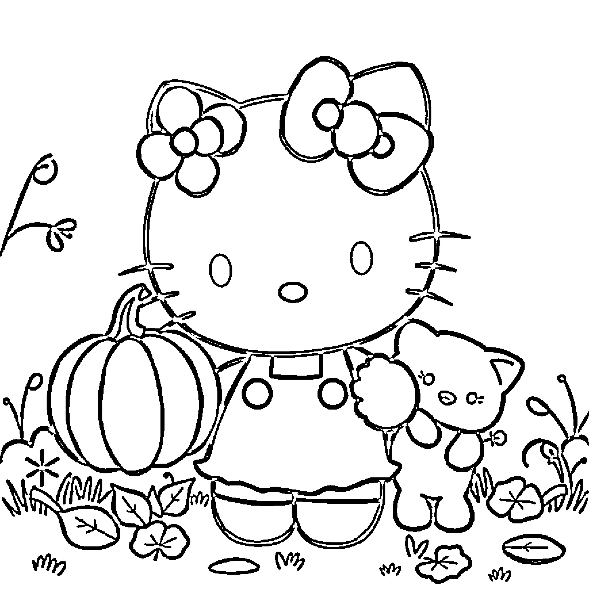 Hello Kitty playing with pumpkins and flowers Coloring Page (free black-and-white line drawing printable PDF for all, from beginners to advanced learners, including children, teens, adults, and seniors)
