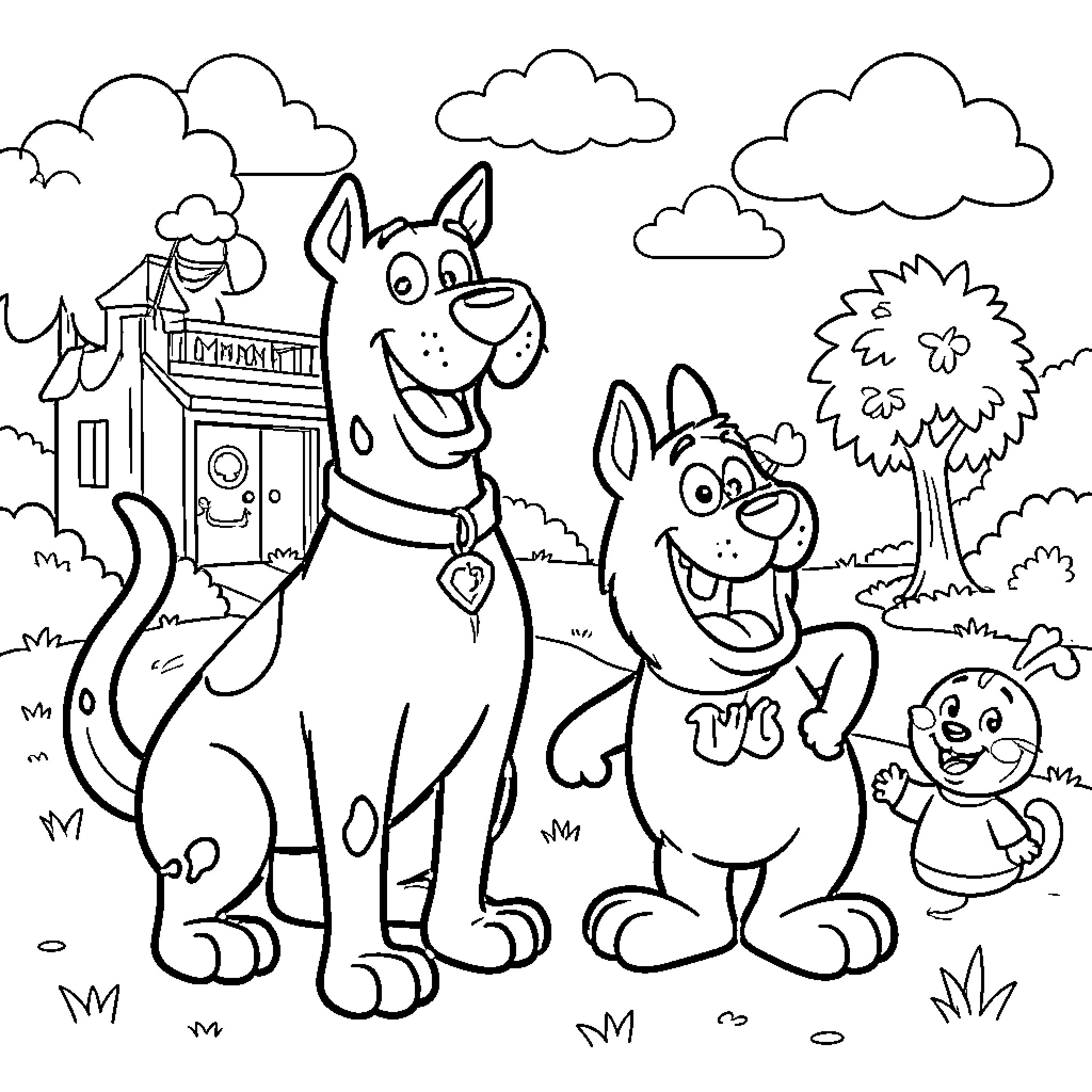 Scooby Doo and friends exploring the neighborhood Coloring Page (free black-and-white line drawing printable PDF for all, from beginners to advanced learners, including children, teens, adults, and seniors)