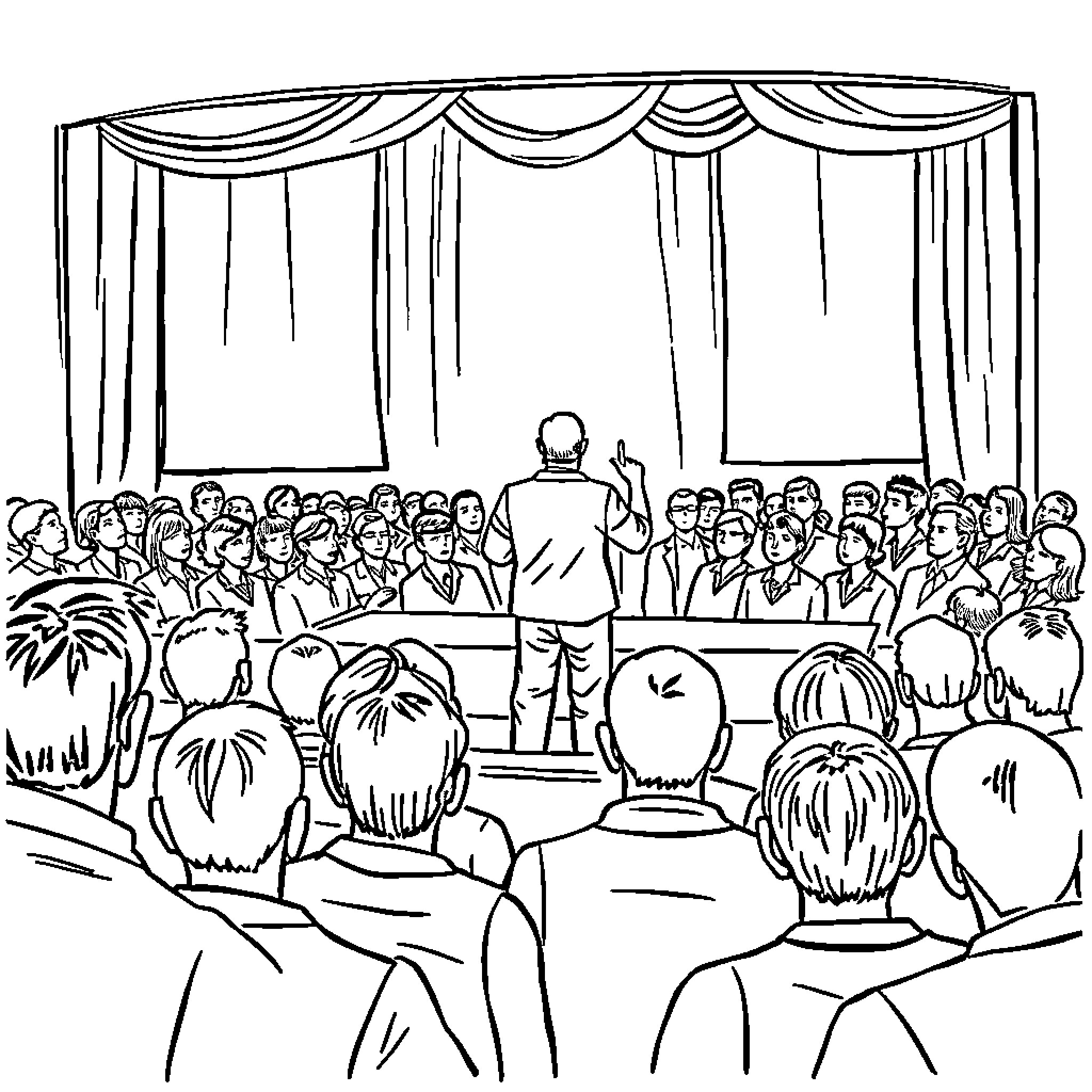 Man Addresses Attentive Crowd in Auditorium Coloring Page (free black-and-white line drawing printable PDF for all, from beginners to advanced learners, including children, teens, adults, and seniors)