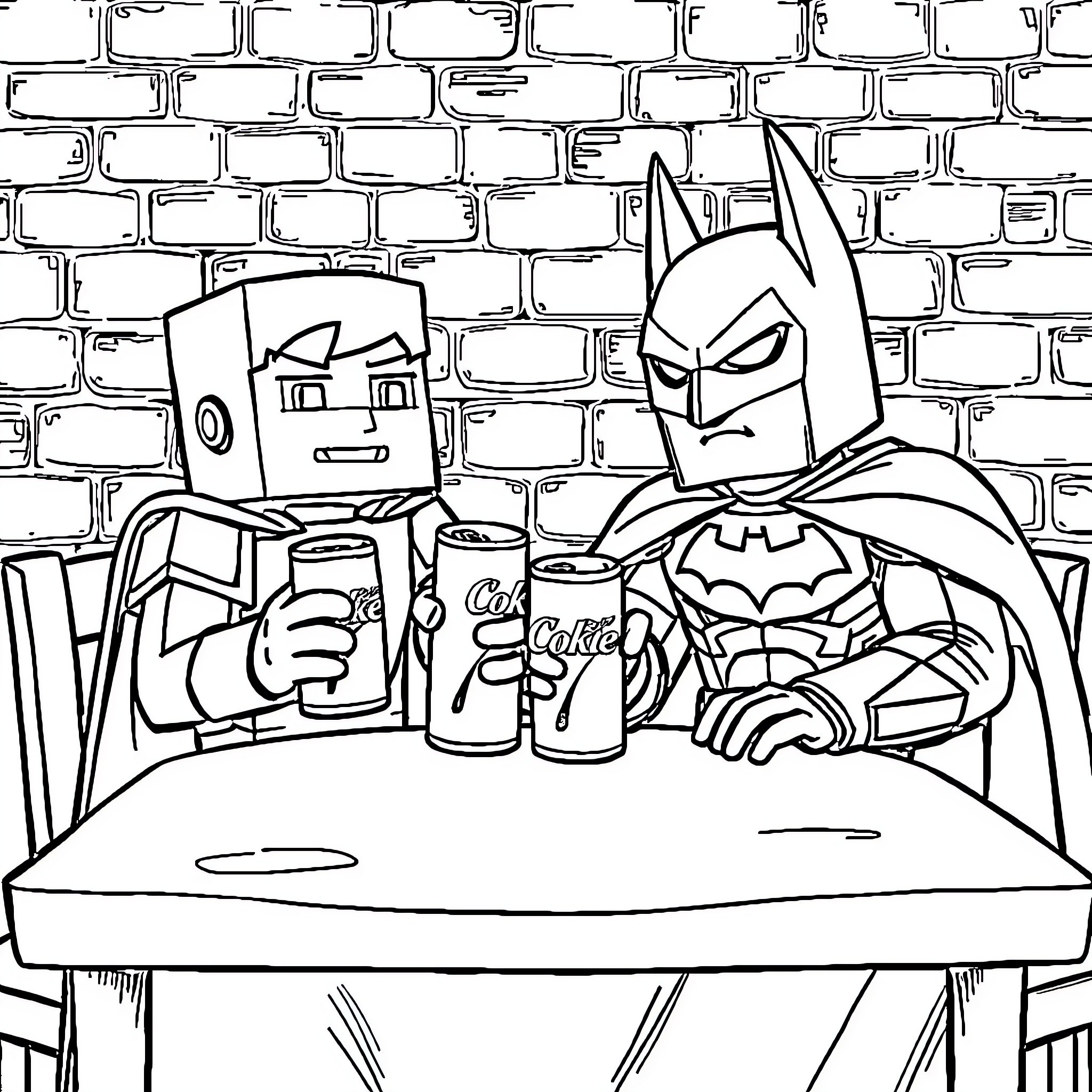 Batman and Robot Friend Enjoying Soda Break Coloring Page (free black-and-white line drawing printable PDF for all, from beginners to advanced learners, including children, teens, adults, and seniors)