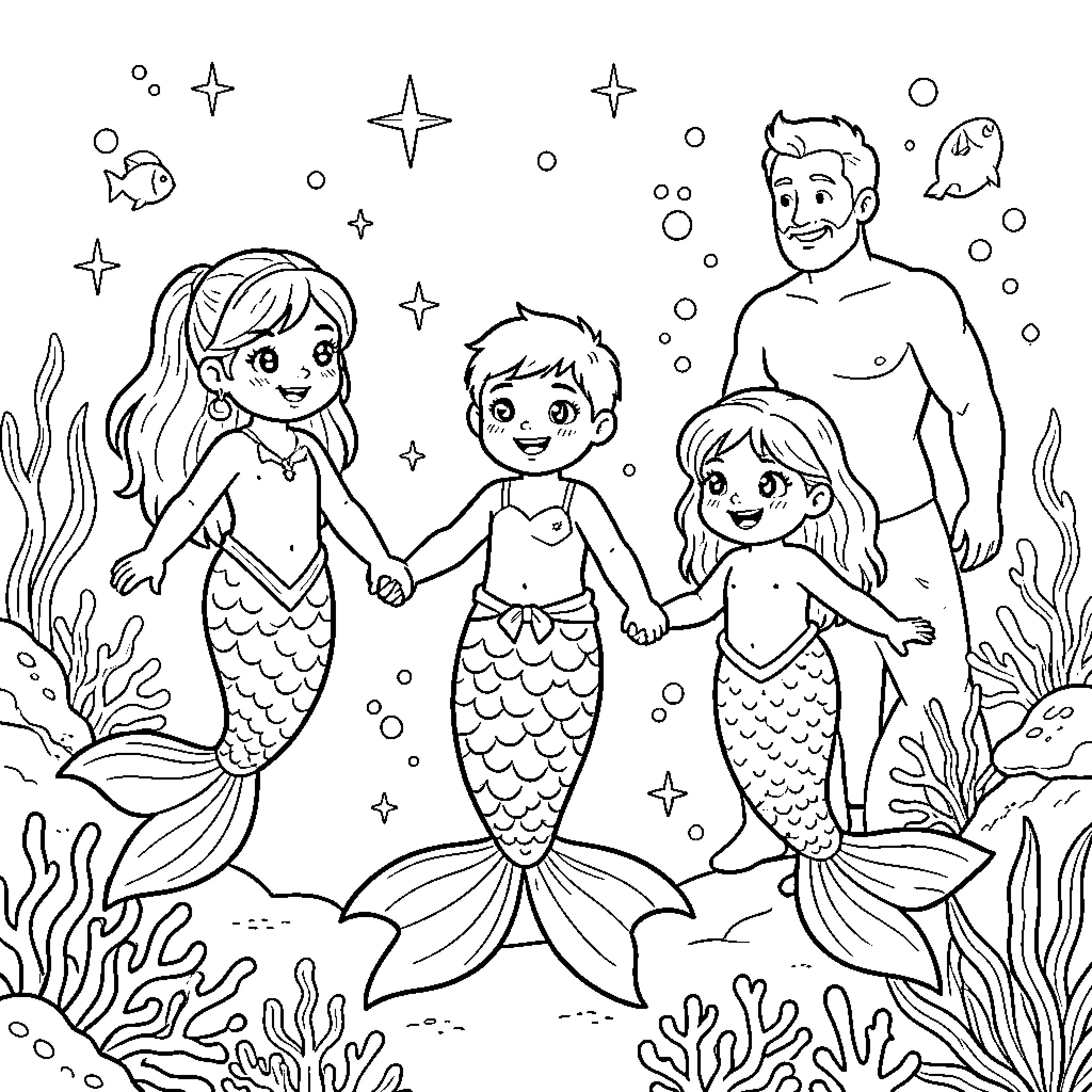 Mermaid Family Exploring the Underwater World Coloring Page (free black-and-white line drawing printable PDF for all, from beginners to advanced learners, including children, teens, adults, and seniors)