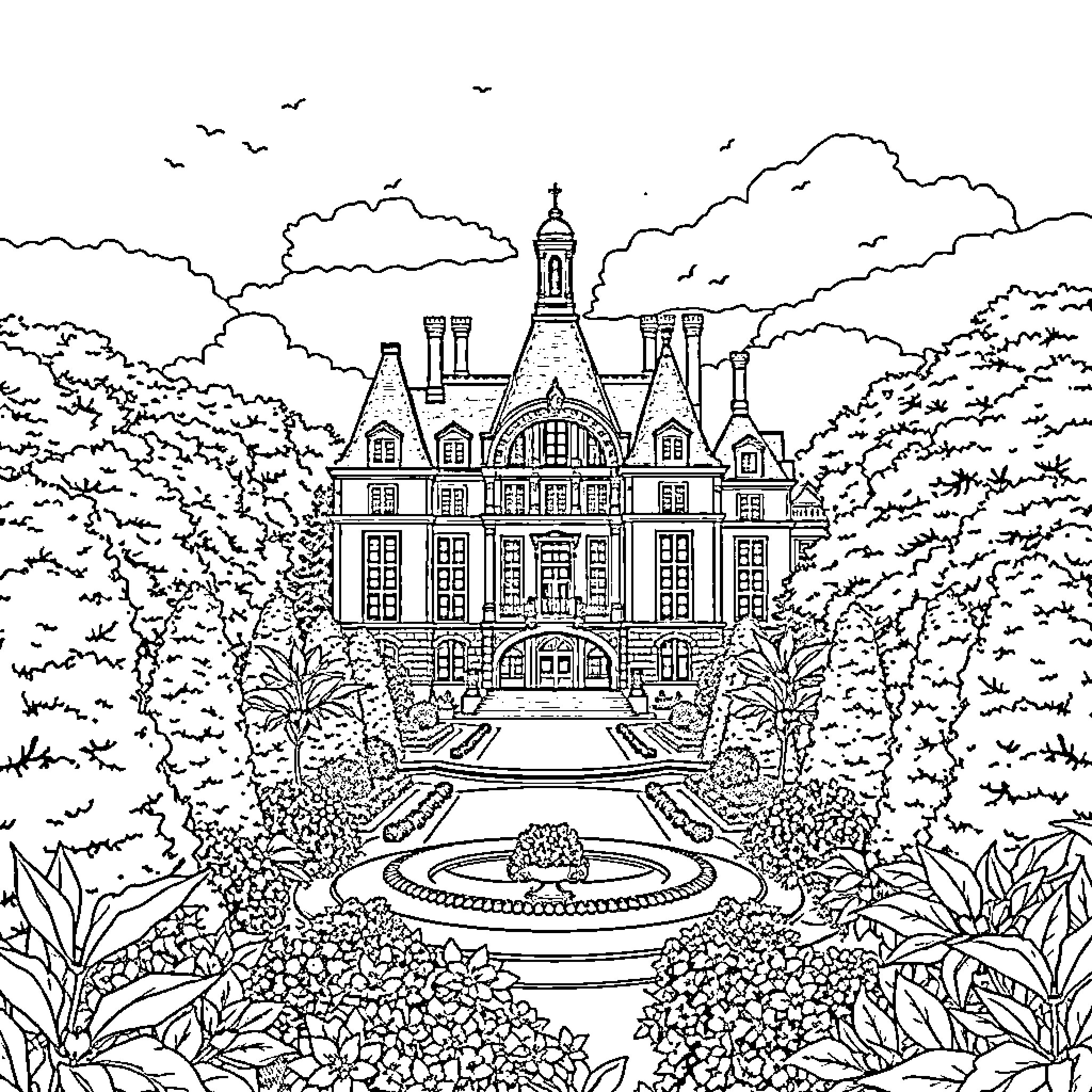Château of Grandeur and Elegance in a Lush Garden Coloring Page (free black-and-white line drawing printable PDF for all, from beginners to advanced learners, including children, teens, adults, and seniors)
