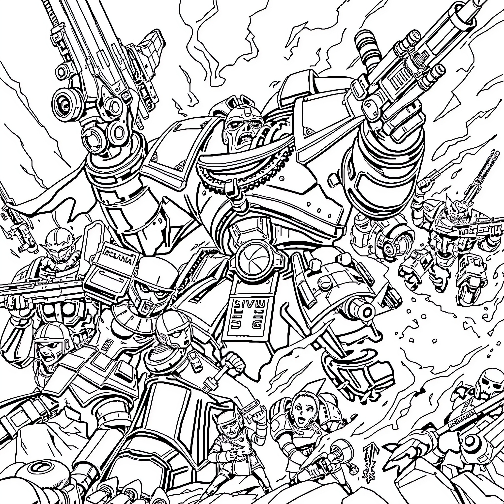 Warhammer40k: Epic Sci-Fi Battle with Futuristic Weaponry Coloring Page (free black-and-white line drawing printable PDF for all, from beginners to advanced learners, including children, teens, adults, and seniors)