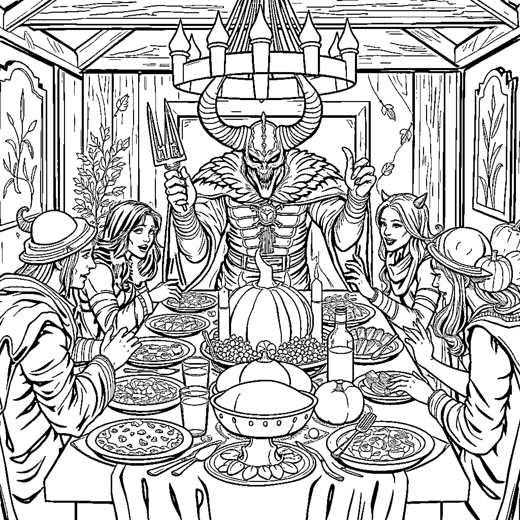 Demon Hunter's Feasting Hall of Monstrous Revelry Coloring Page (free black-and-white line drawing printable PDF for all, from beginners to advanced learners, including children, teens, adults, and seniors)