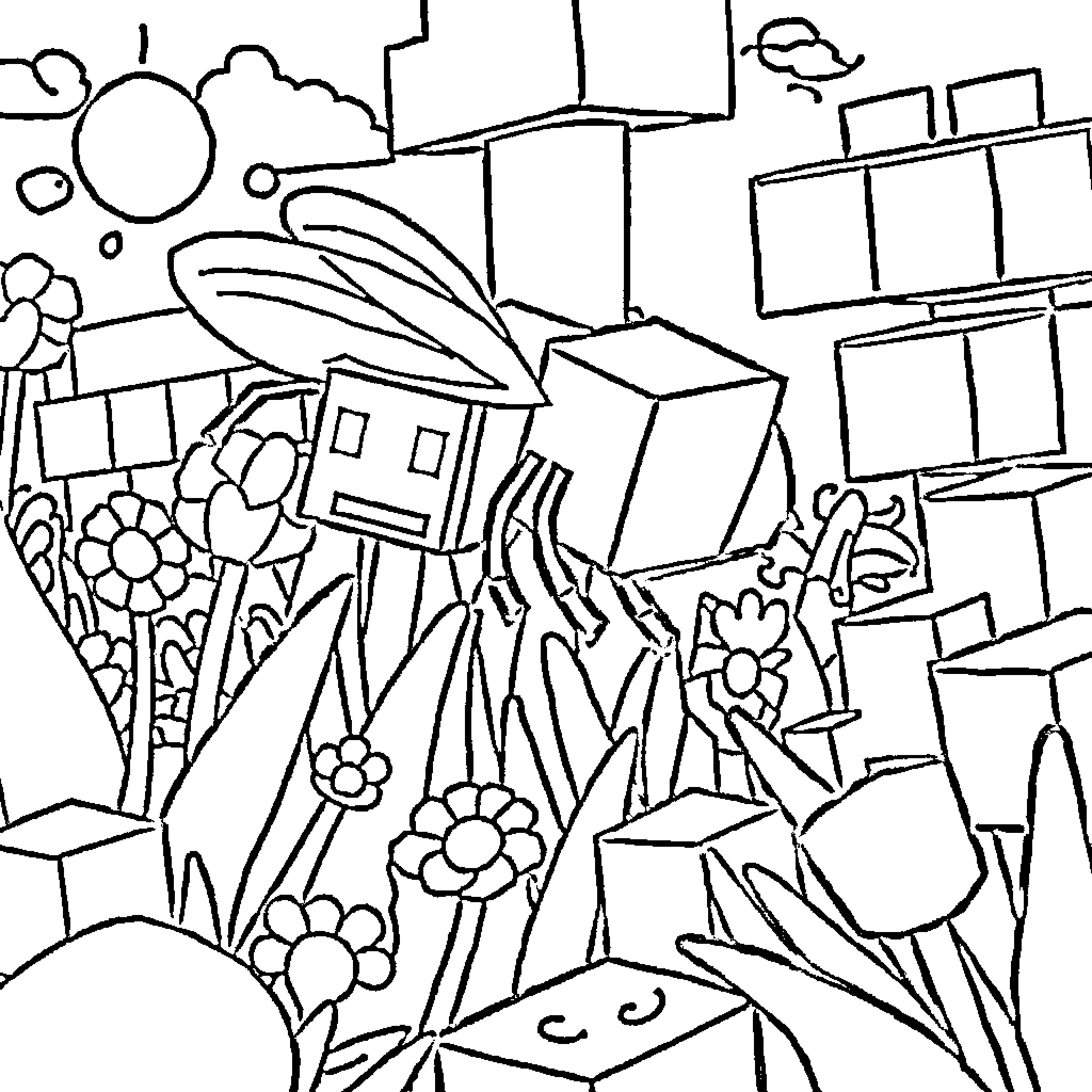 Bee buzzing through a floral city landscape Coloring Page (free black-and-white line drawing printable PDF for all, from beginners to advanced learners, including children, teens, adults, and seniors)