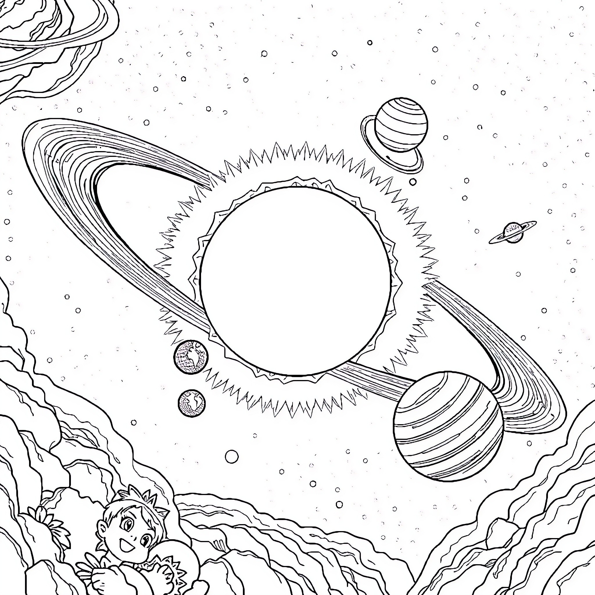 Solar System with Whimsical Planets and Stars Coloring Page (free black-and-white line drawing printable PDF for all, from beginners to advanced learners, including children, teens, adults, and seniors)