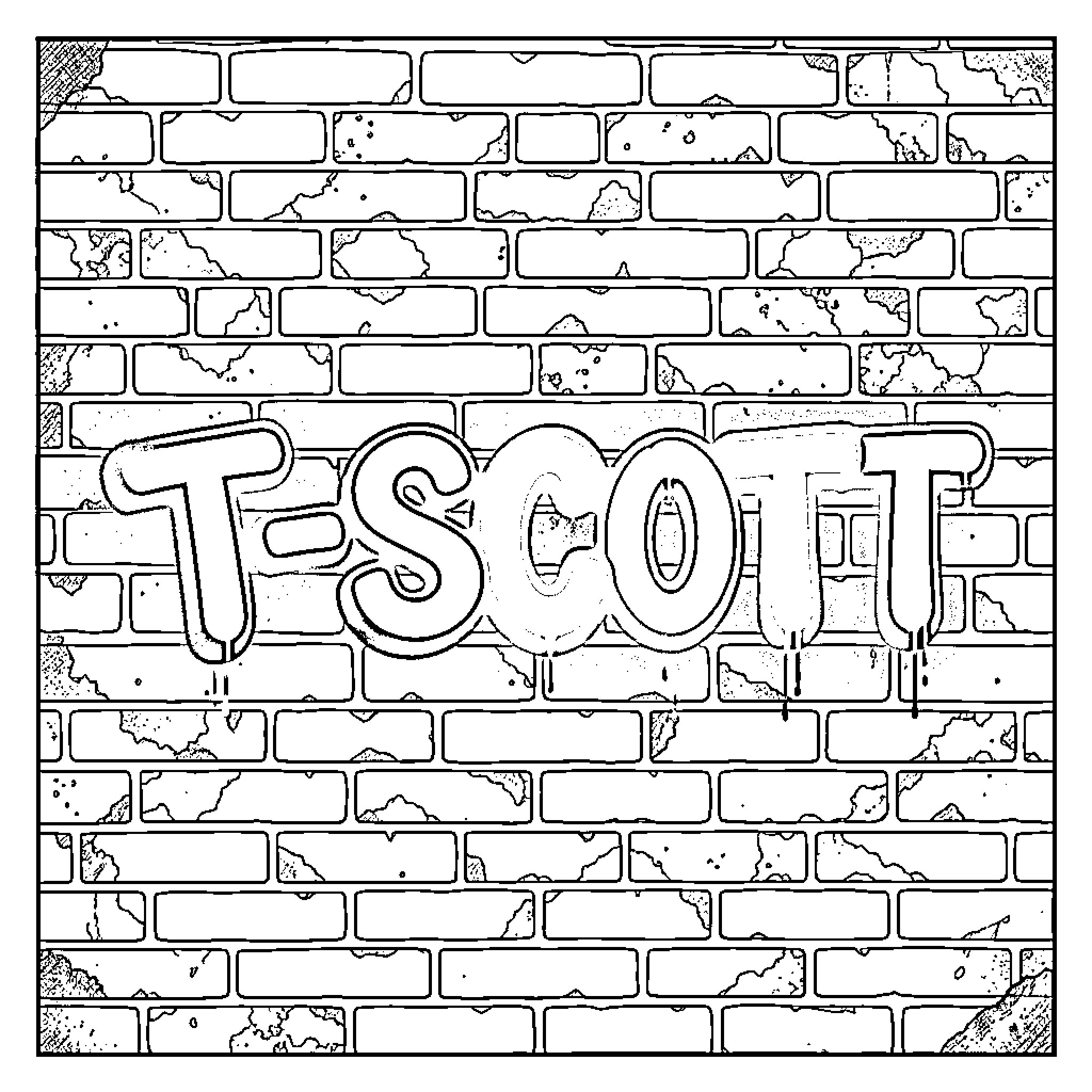 T-SCOTT Graffiti Street Art on Brick Wall Coloring Page (free black-and-white line drawing printable PDF for all, from beginners to advanced learners, including children, teens, adults, and seniors)