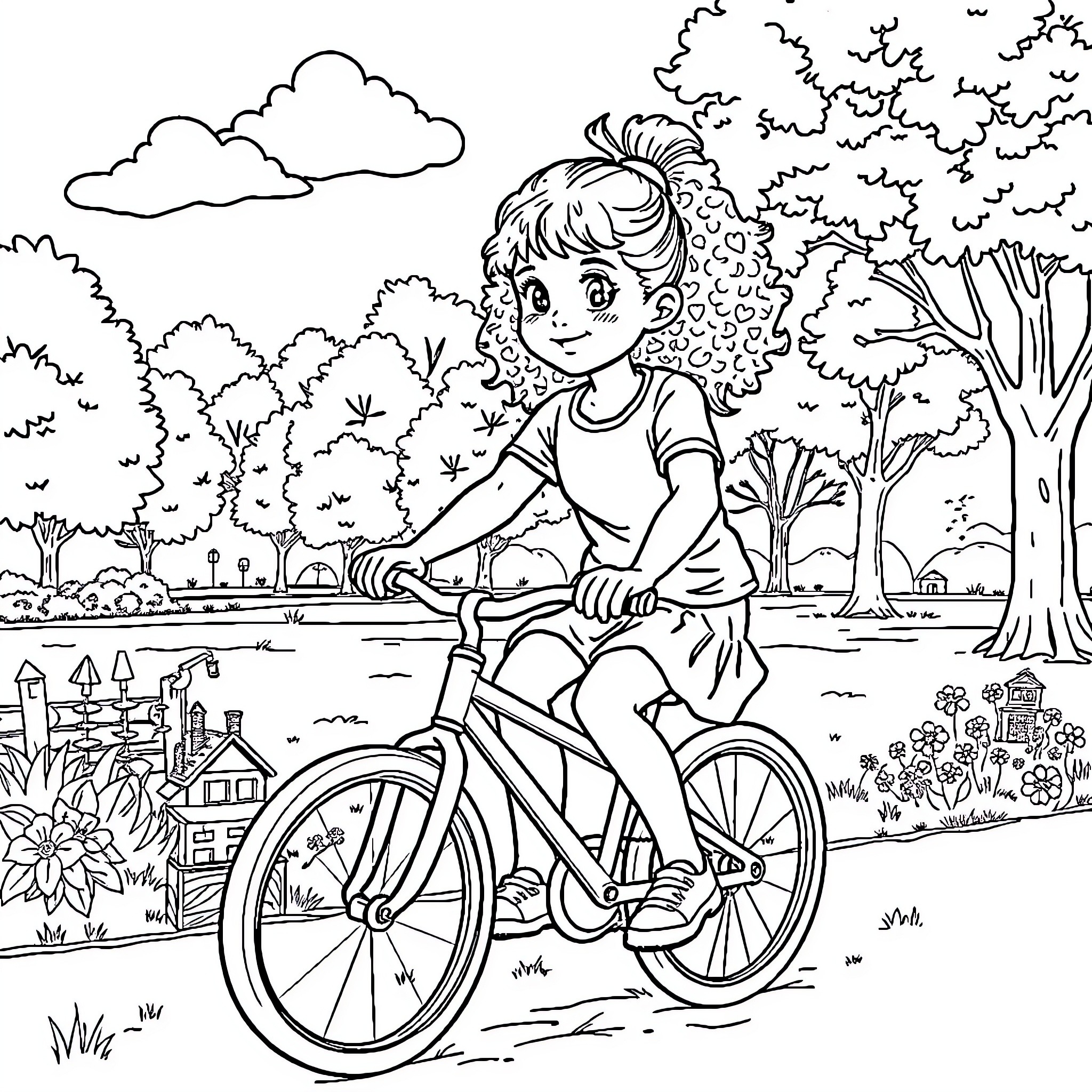 Fille riding bicycle in the park Coloring Page (free black-and-white line drawing printable PDF for all, from beginners to advanced learners, including children, teens, adults, and seniors)