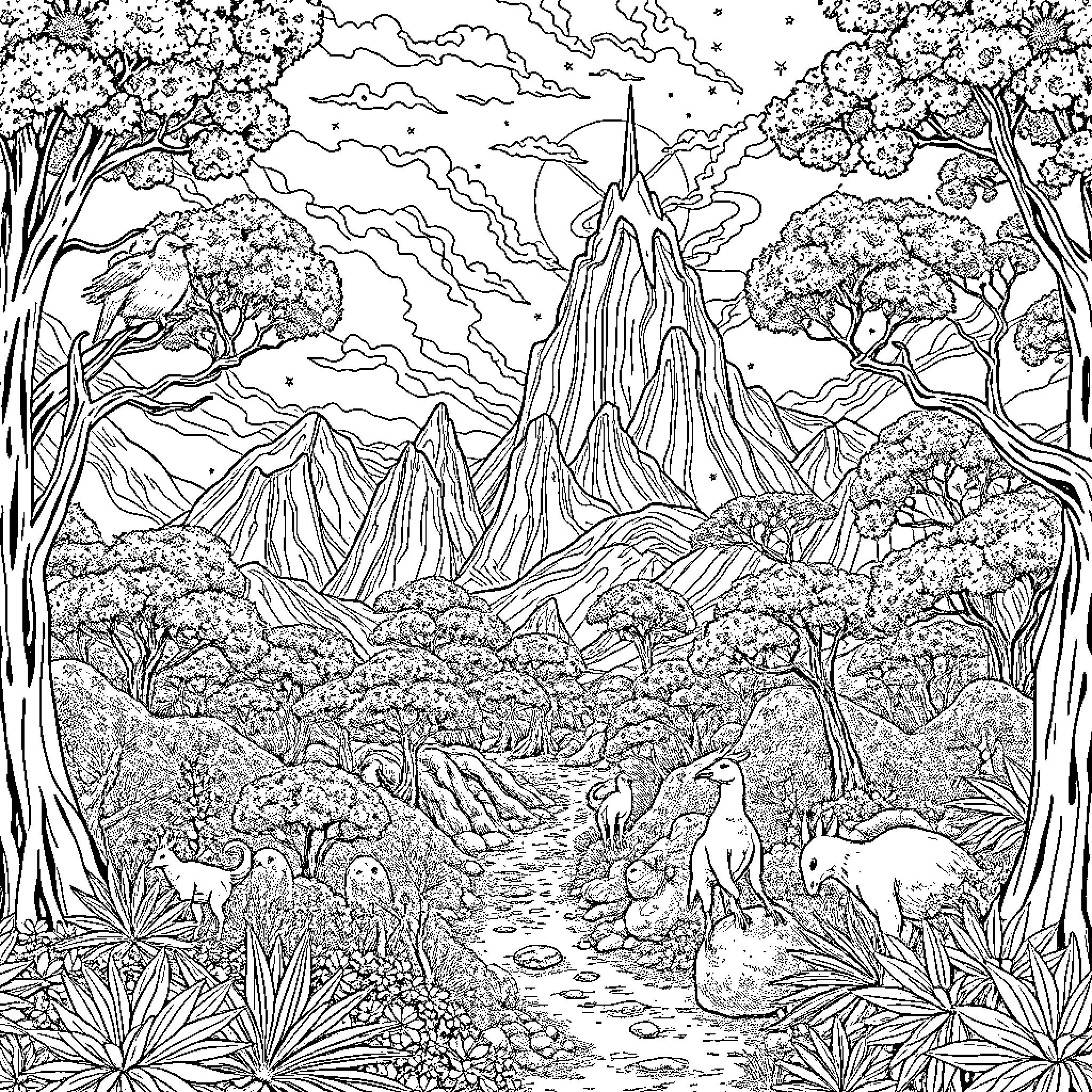 Alice's Enchanting Forest Adventure Coloring Page (free black-and-white line drawing printable PDF for all, from beginners to advanced learners, including children, teens, adults, and seniors)