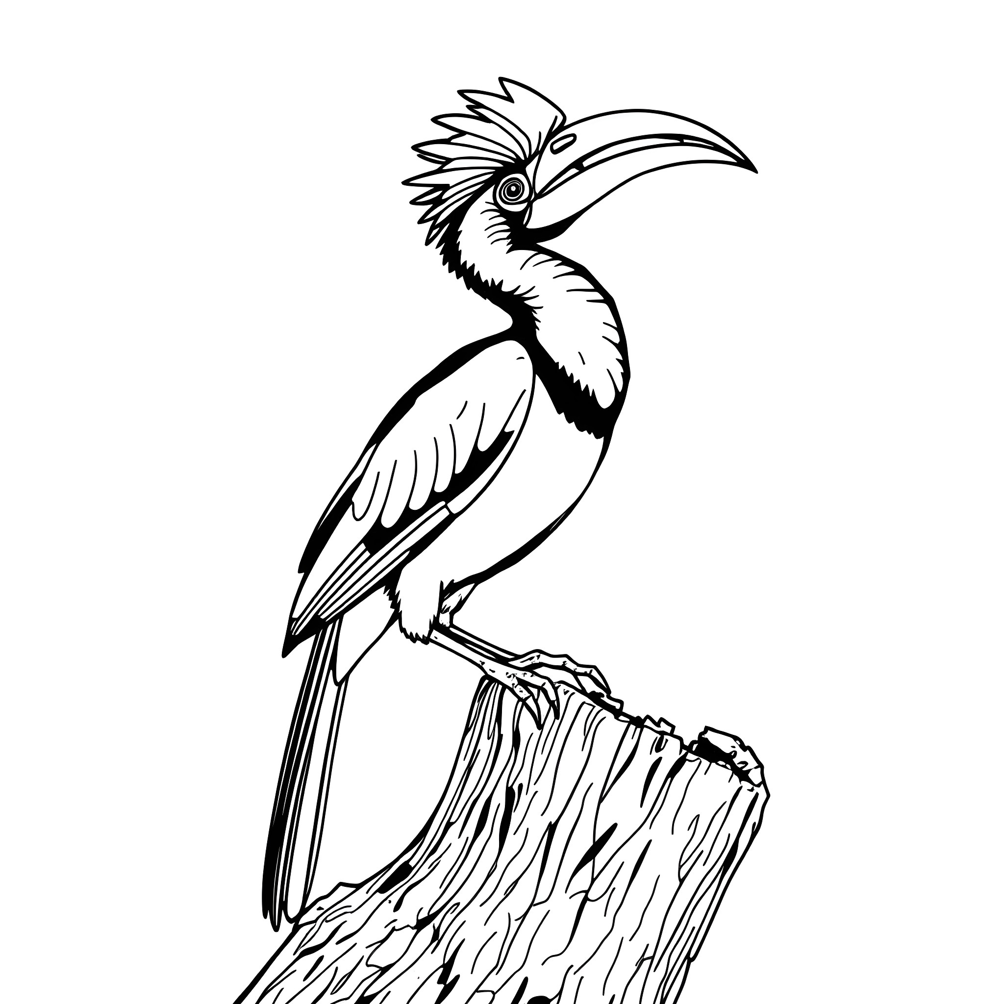 Hornbill perched on a tree stump Coloring Page (free black-and-white line drawing printable PDF for all, from beginners to advanced learners, including children, teens, adults, and seniors)