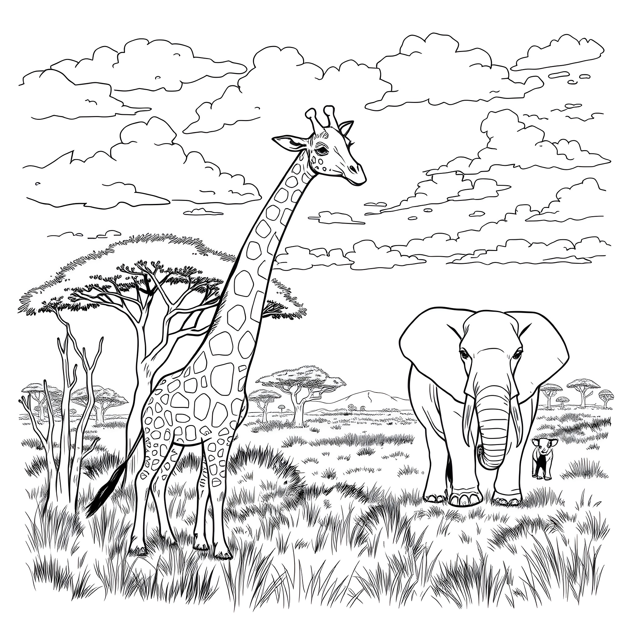 Giraffe and Elephant in African Savanna Coloring Page (free black-and-white line drawing printable PDF for all, from beginners to advanced learners, including children, teens, adults, and seniors)