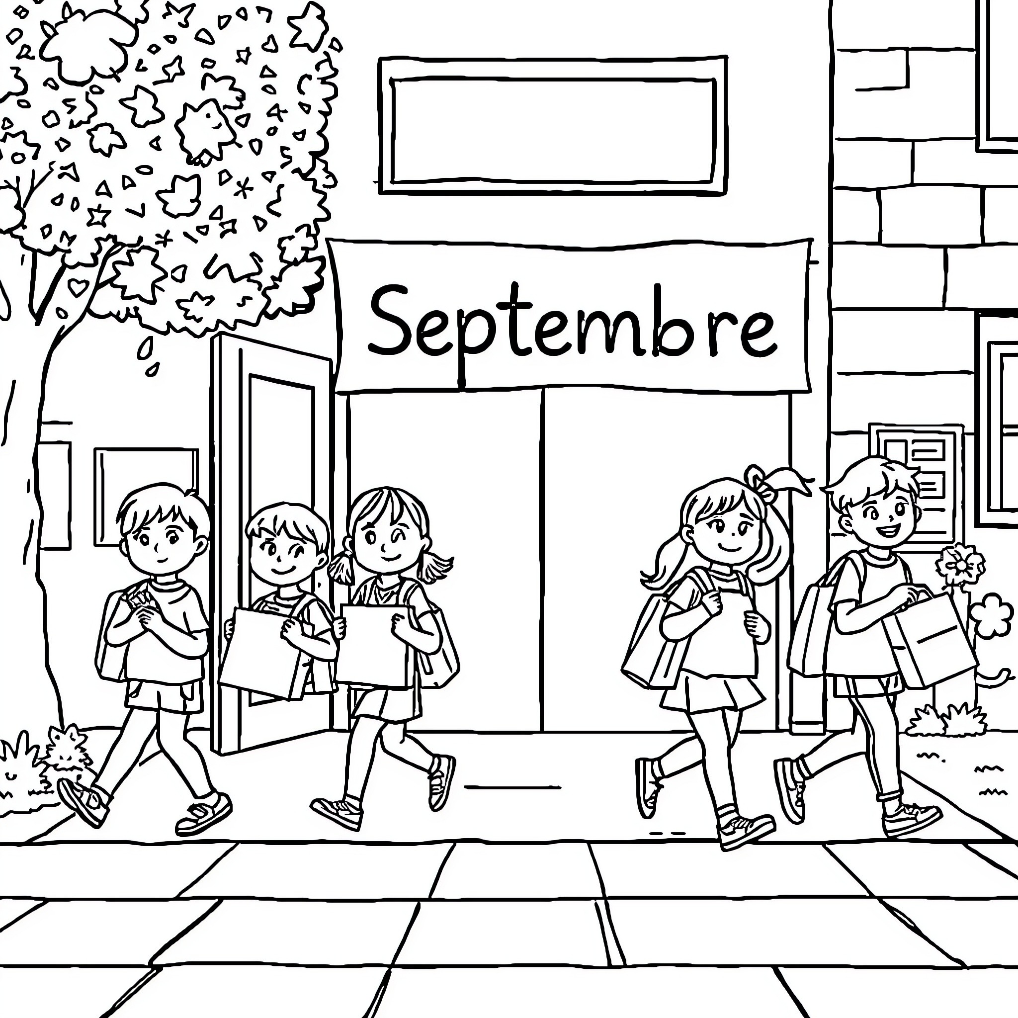 Élève retournant à l'école en septembre Coloring Page (free black-and-white line drawing printable PDF for all, from beginners to advanced learners, including children, teens, adults, and seniors)