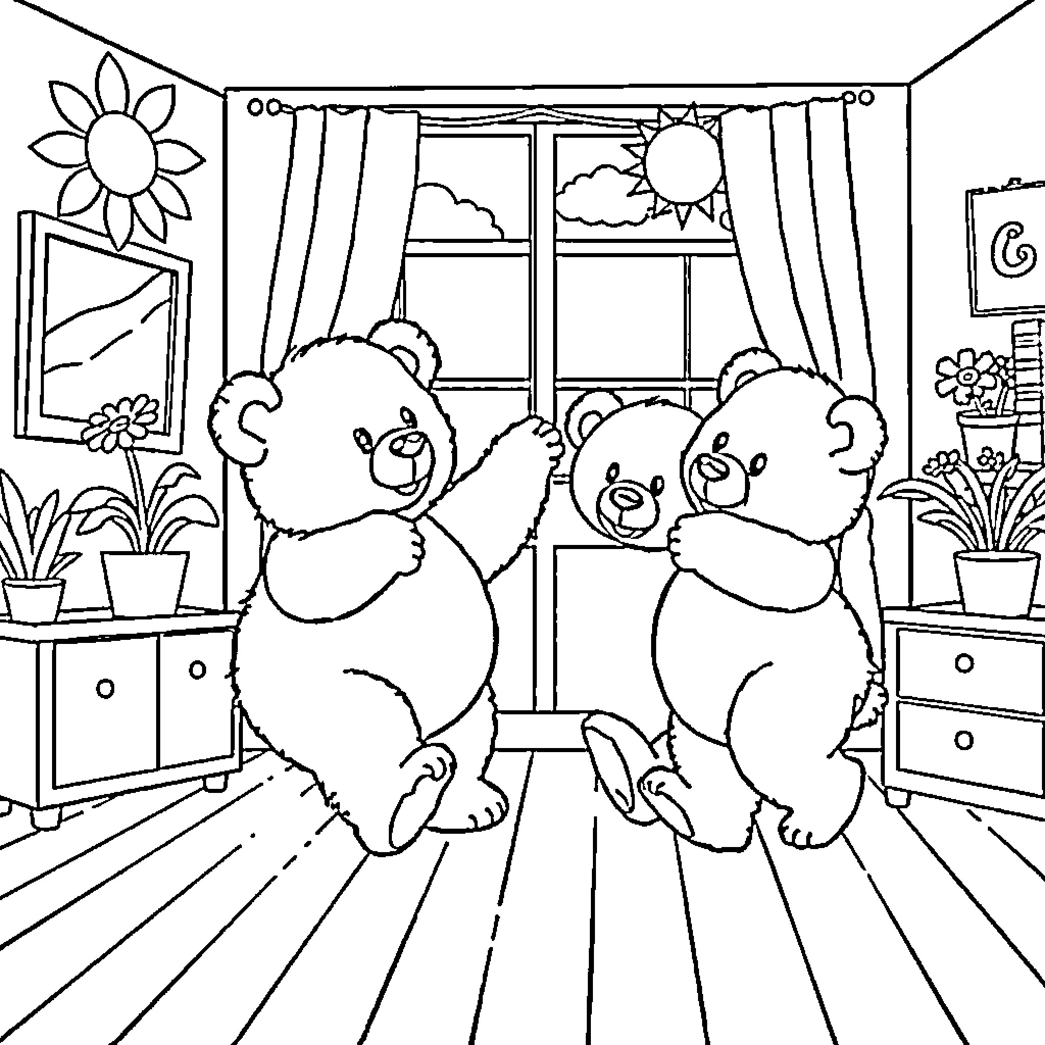 Teddy Bears Relaxing in Cozy Room Coloring Page (free black-and-white line drawing printable PDF for all, from beginners to advanced learners, including children, teens, adults, and seniors)