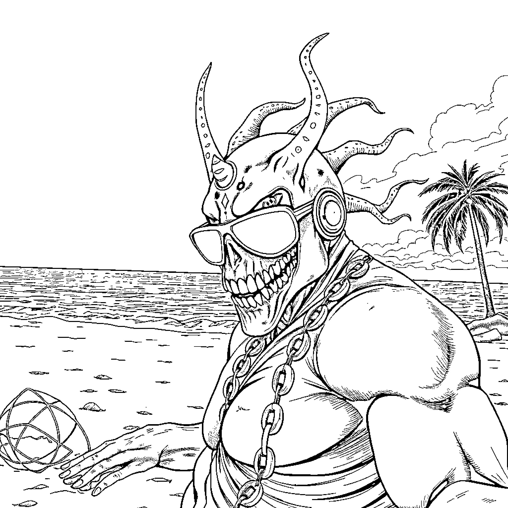 Nemesis - Demonic creature emerges from the ocean Coloring Page (free black-and-white line drawing printable PDF for all, from beginners to advanced learners, including children, teens, adults, and seniors)
