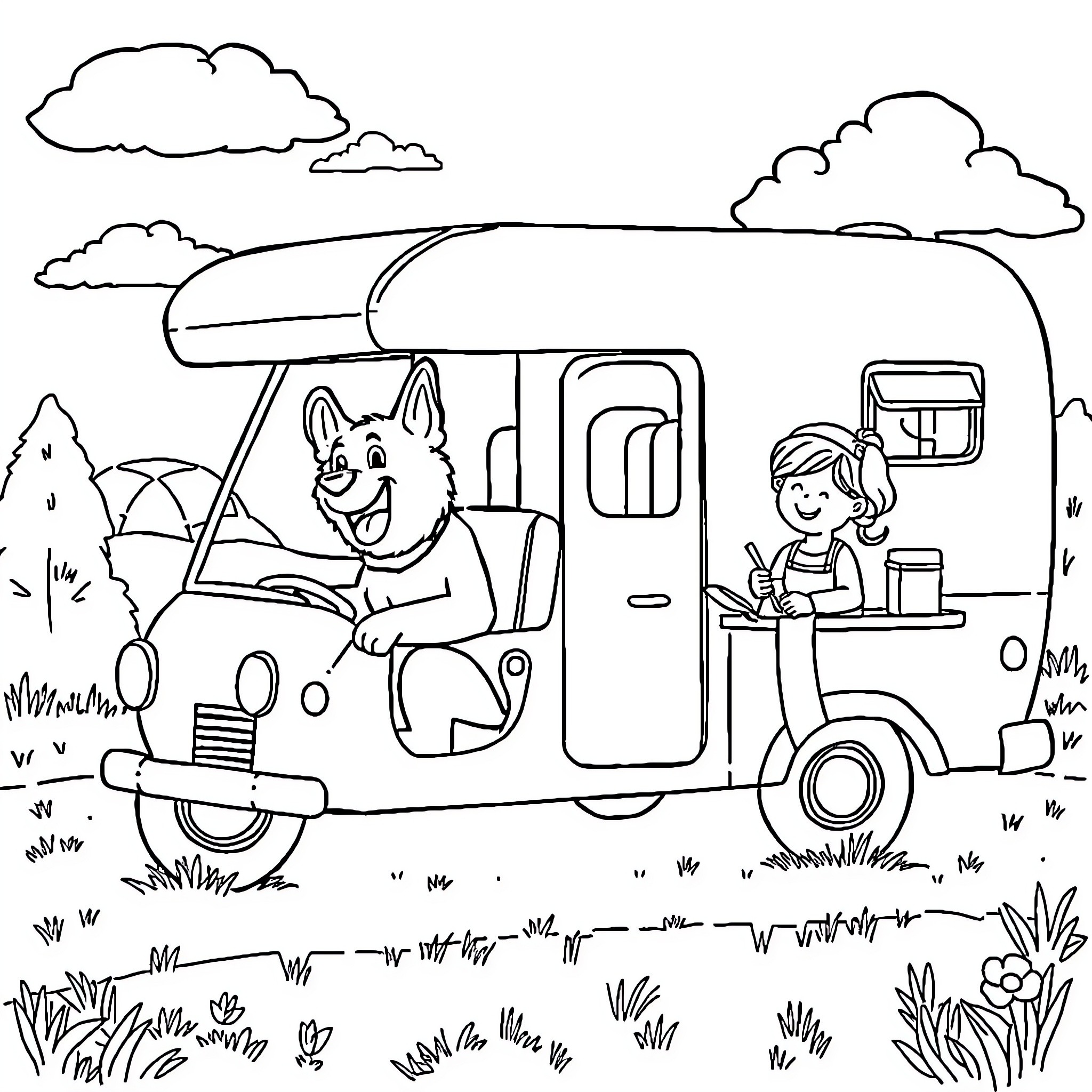 Chien on a camping adventure with a friend Coloring Page (free black-and-white line drawing printable PDF for all, from beginners to advanced learners, including children, teens, adults, and seniors)