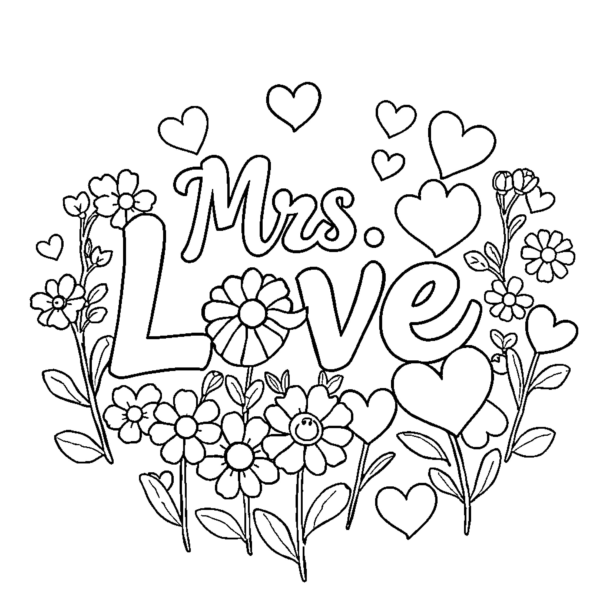 Mrs. Love surrounded by flowers and hearts Coloring Page (free black-and-white line drawing printable PDF for all, from beginners to advanced learners, including children, teens, adults, and seniors)