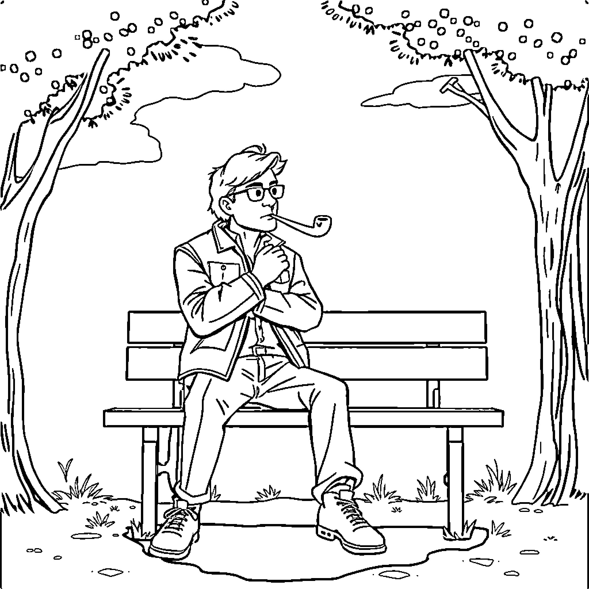 Marty McFly sitting alone on a park bench Coloring Page (free black-and-white line drawing printable PDF for all, from beginners to advanced learners, including children, teens, adults, and seniors)