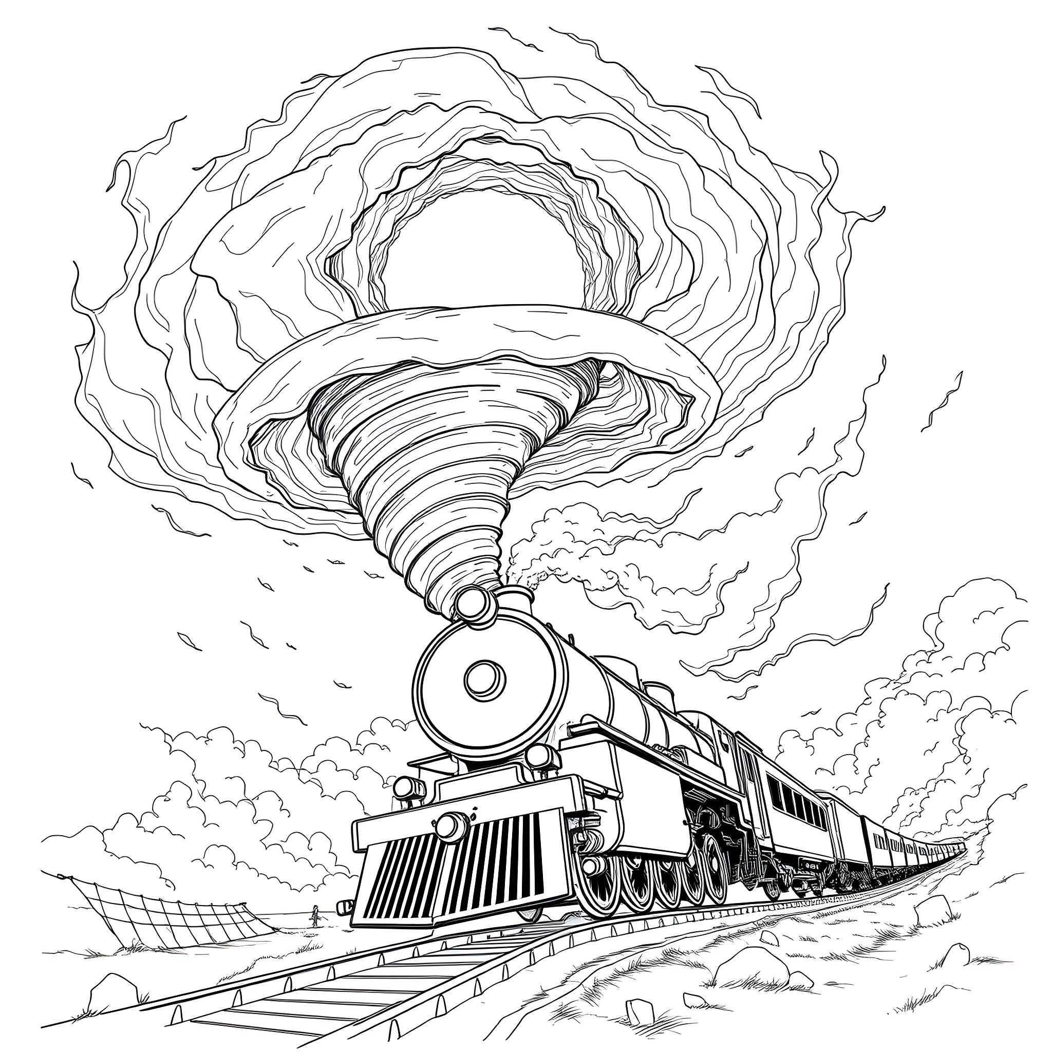 Steamtrain surging through a dramatic landscape Coloring Page (free black-and-white line drawing printable PDF for all, from beginners to advanced learners, including children, teens, adults, and seniors)