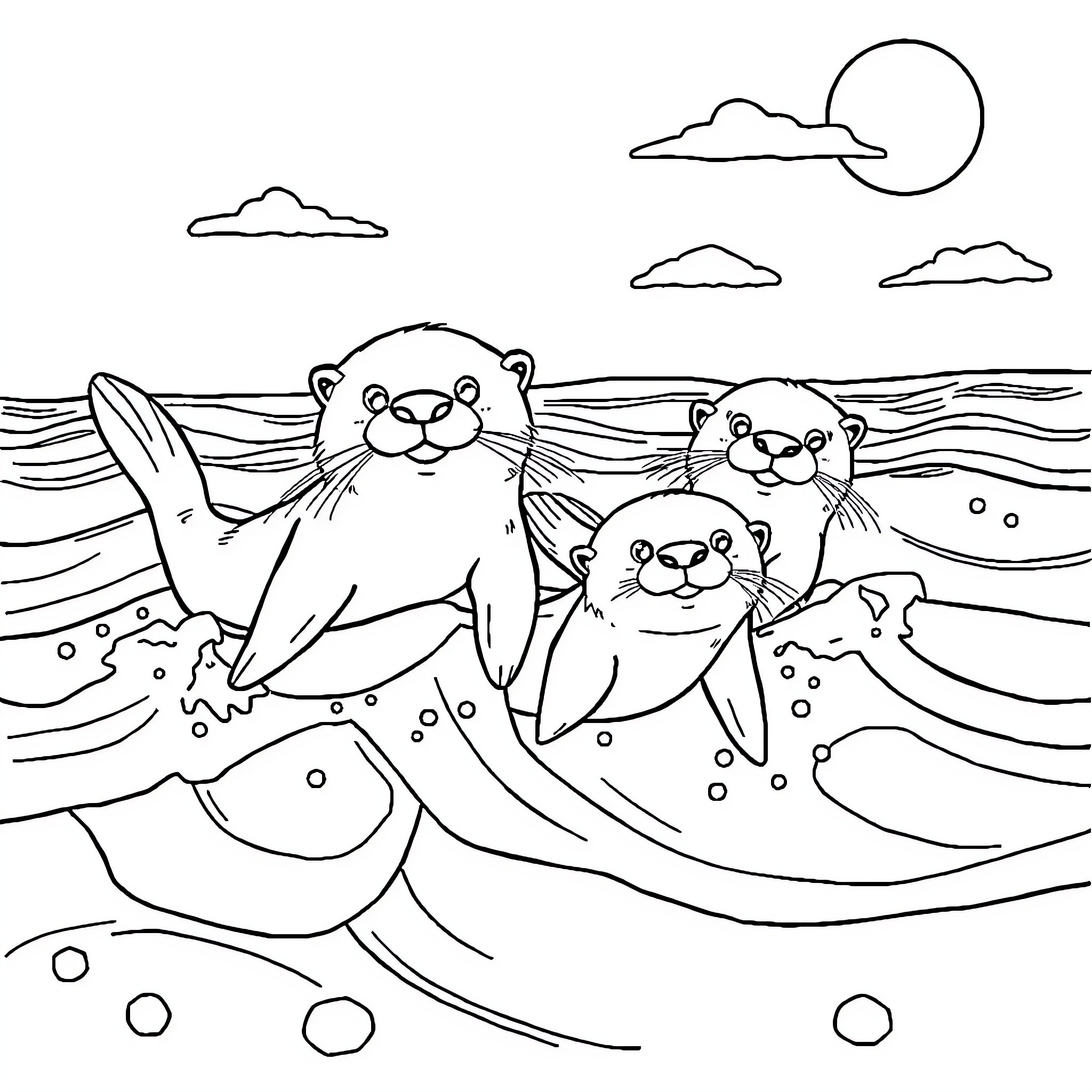 Otter family splashing in the waves Coloring Page (free black-and-white line drawing printable PDF for all, from beginners to advanced learners, including children, teens, adults, and seniors)